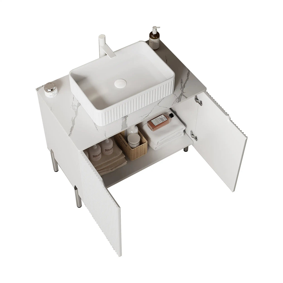 30 inch freestanding bathroom vanity with integrated sink and marble countertop.