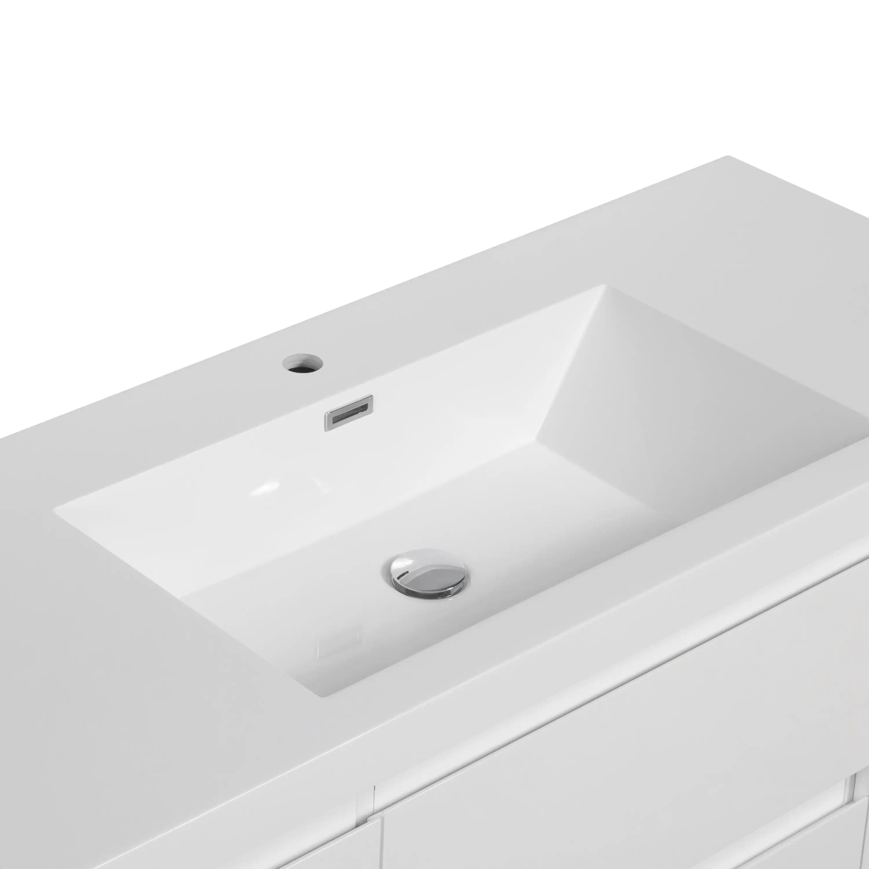 48 inch floating bathroom vanity featuring integrated stone resin sink with single faucet hole and overflow.