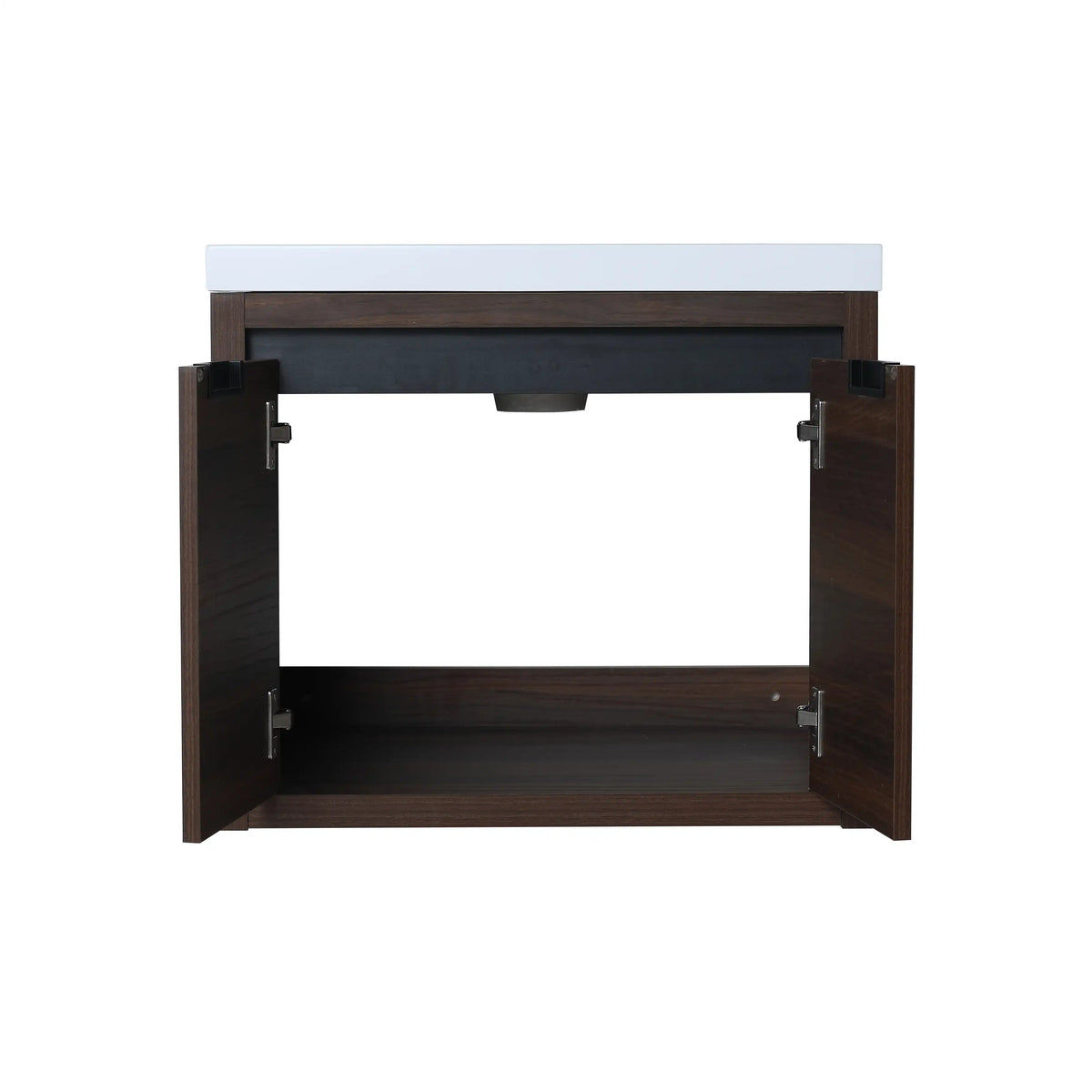 Spacious interior storage of 24 inch bathroom floating vanity with double-door cabinet.