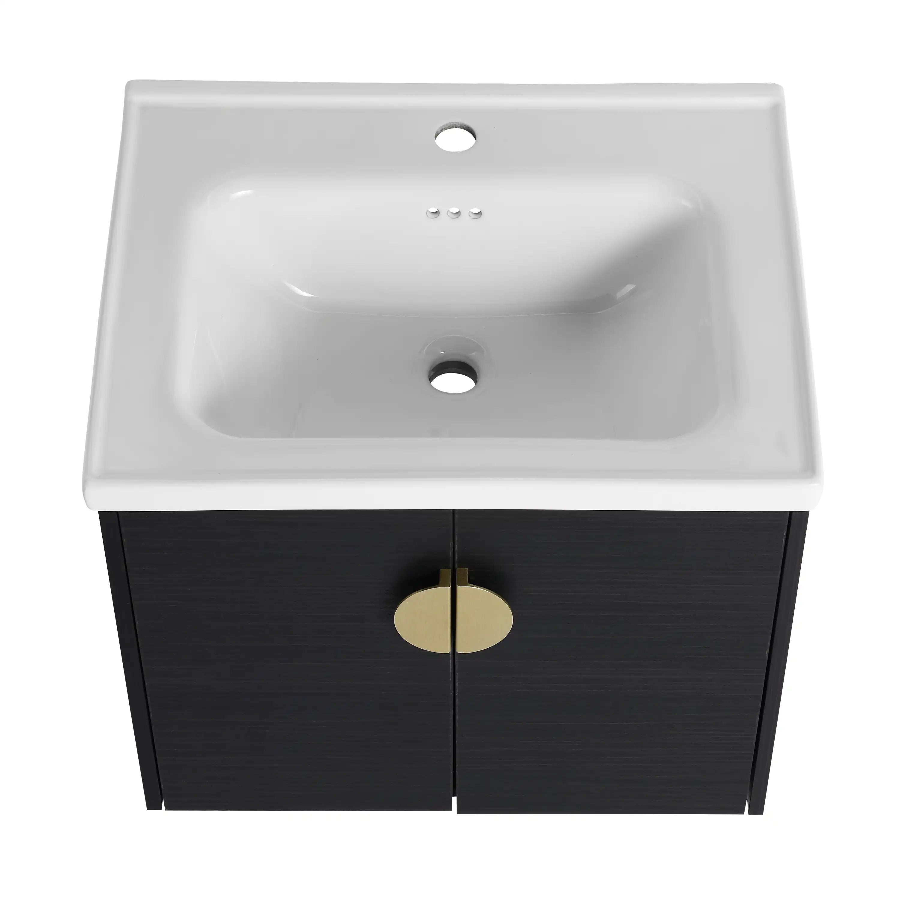 Top view of 24 inch small bathroom vanity integrated ceramic sink with pre-drilled faucet hole and overflow.