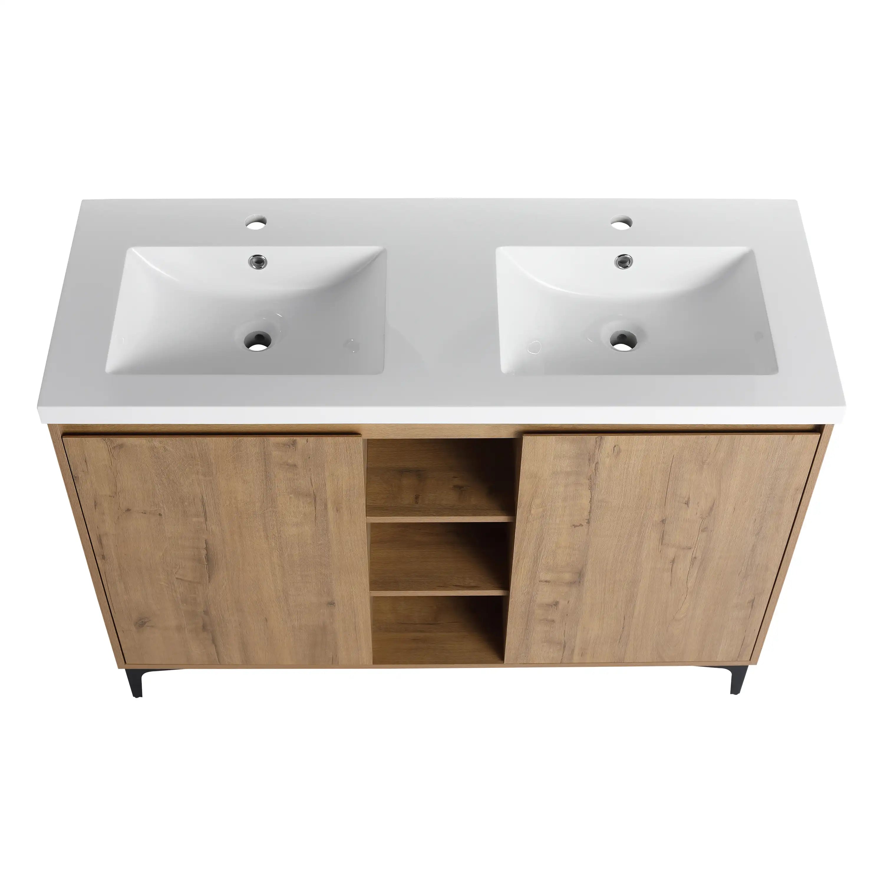 Double integrated resin sinks on Oakridge 48 inch vanity, offering durable and easy-to-clean surfaces for shared use.
