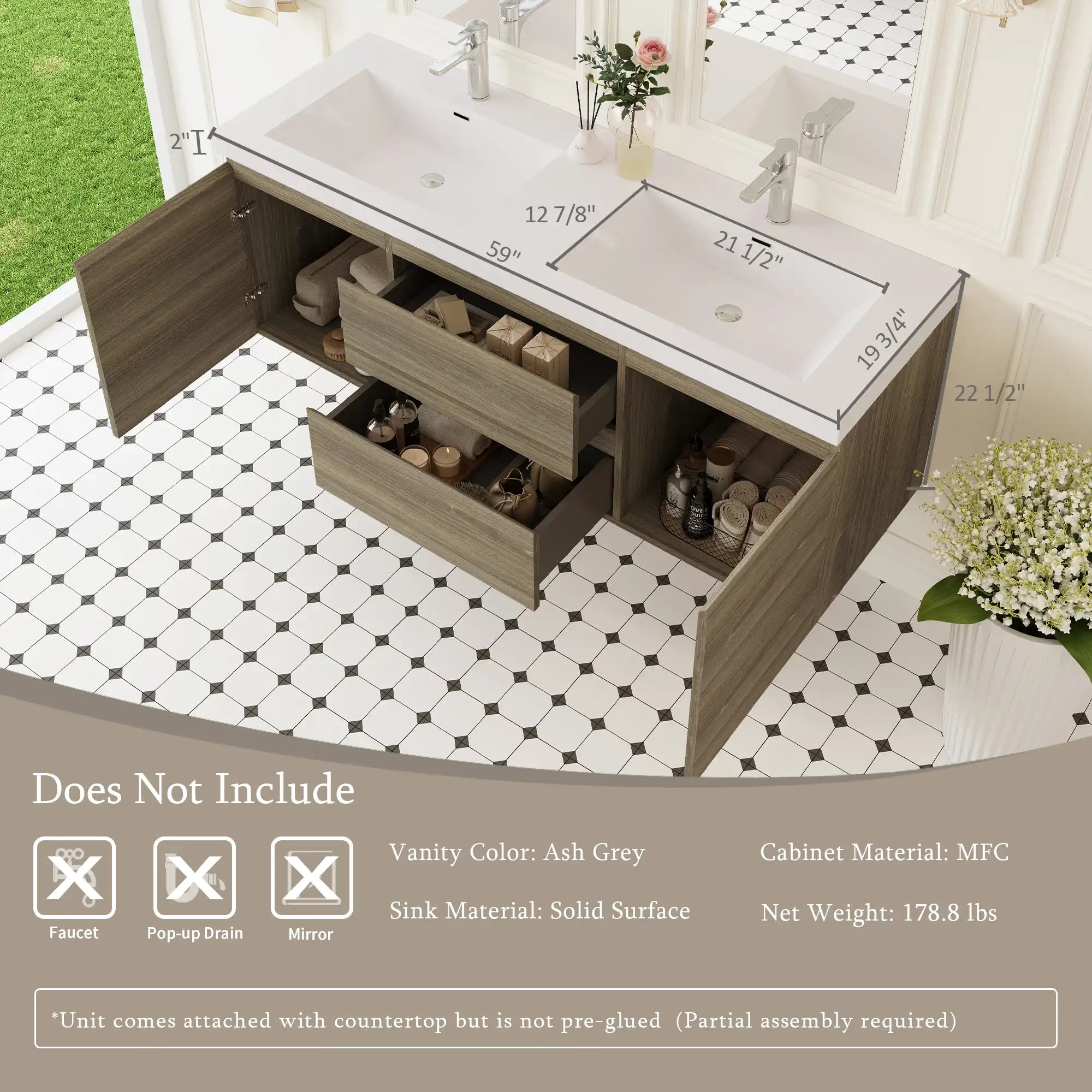 59 inch double sink vanity wall-mounted bathroom setup showcasing modern ash grey cabinet and double basins | Ace Decor