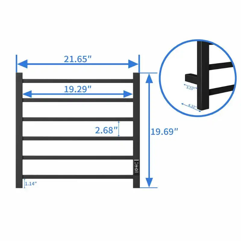 22 x 20 black heating towel racks size diagram showing detailed dimensions and wall mount brackets | Ace Decor