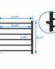 22 x 20 black heating towel racks size diagram showing detailed dimensions and wall mount brackets | Ace Decor