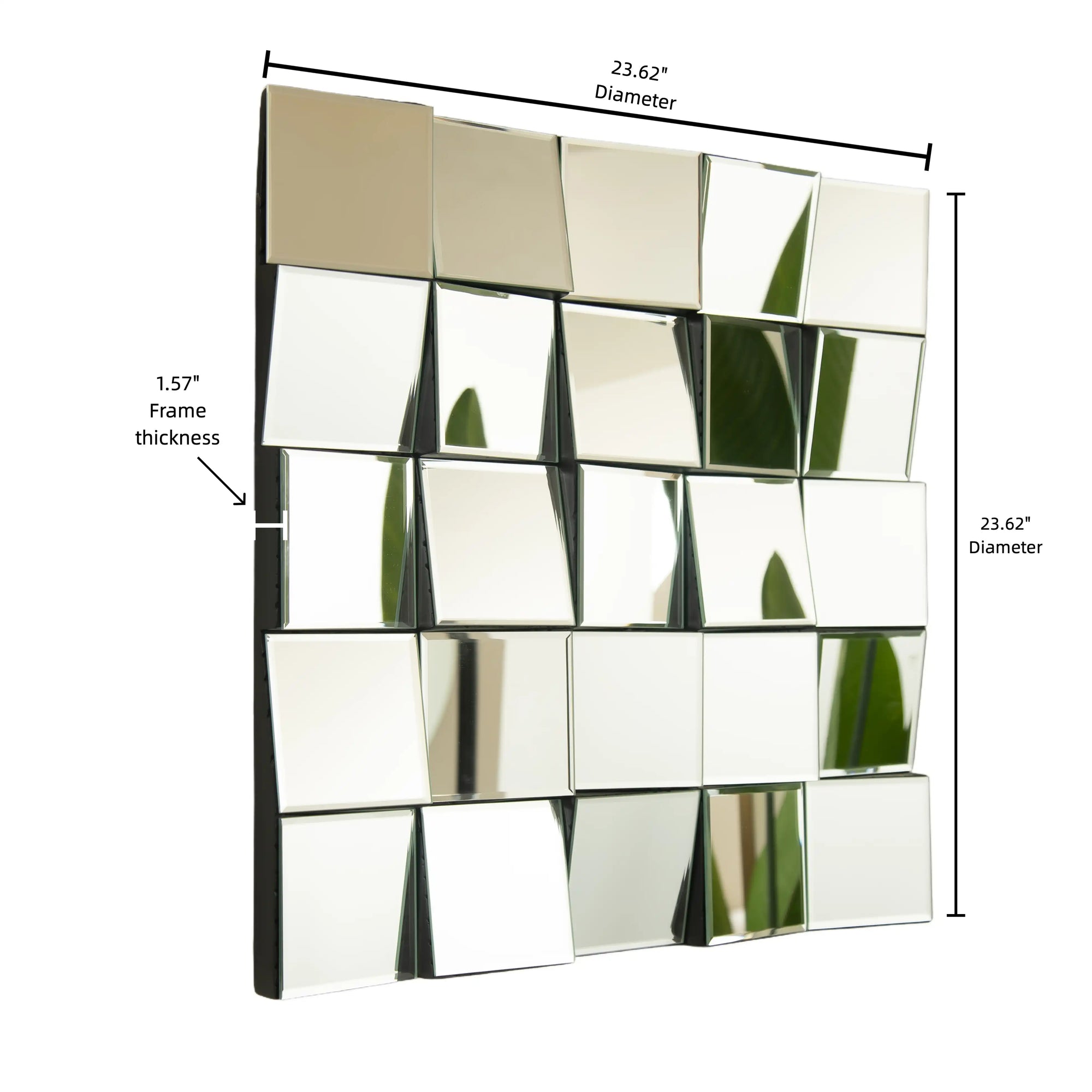 Dimension view of 24-inch modern entryway mirror and bench wall mirror with cube beveled design | Ace Decor