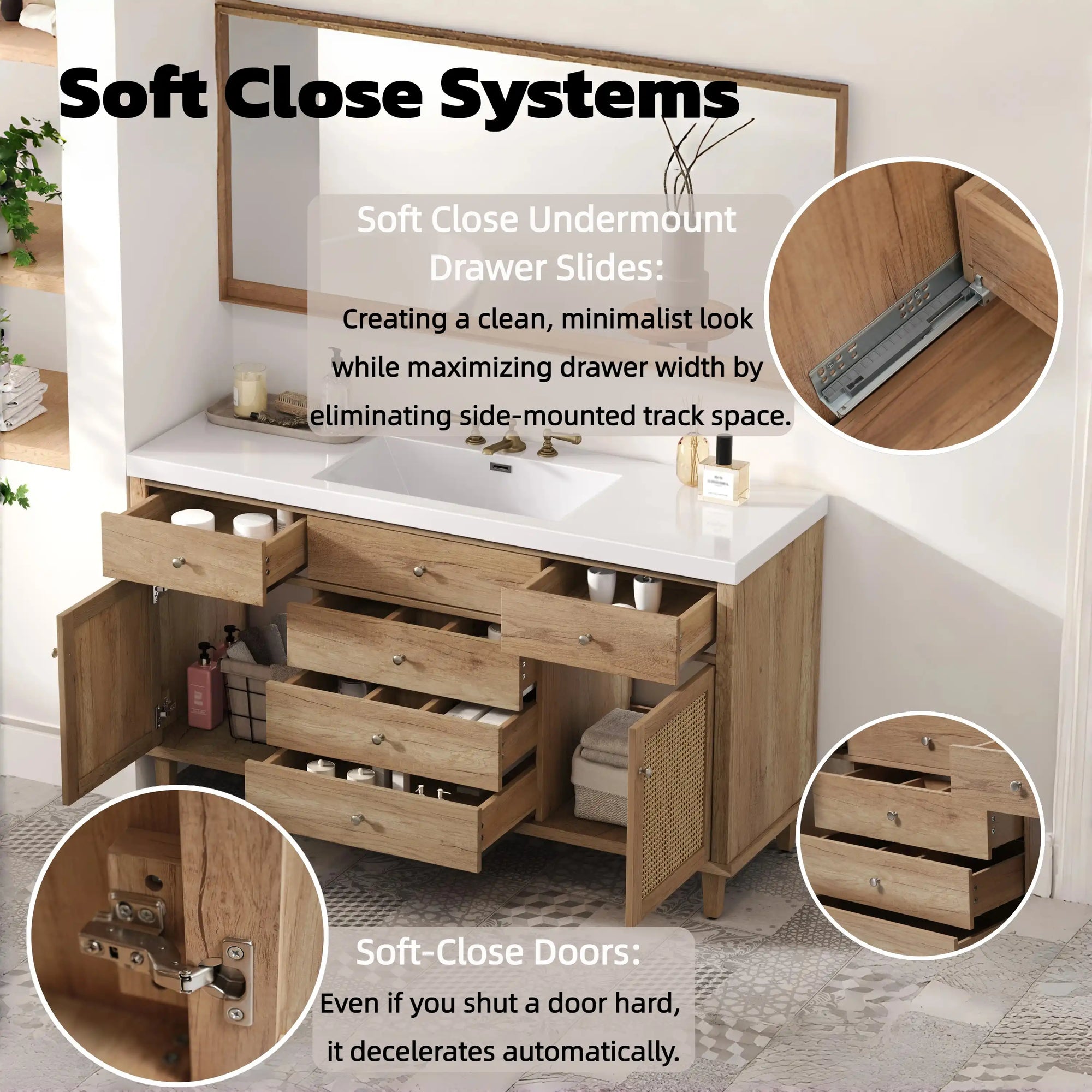 Soleil 60&quot; Bathroom Vanity with Sink, Natural Wood Cabinet with Drawers