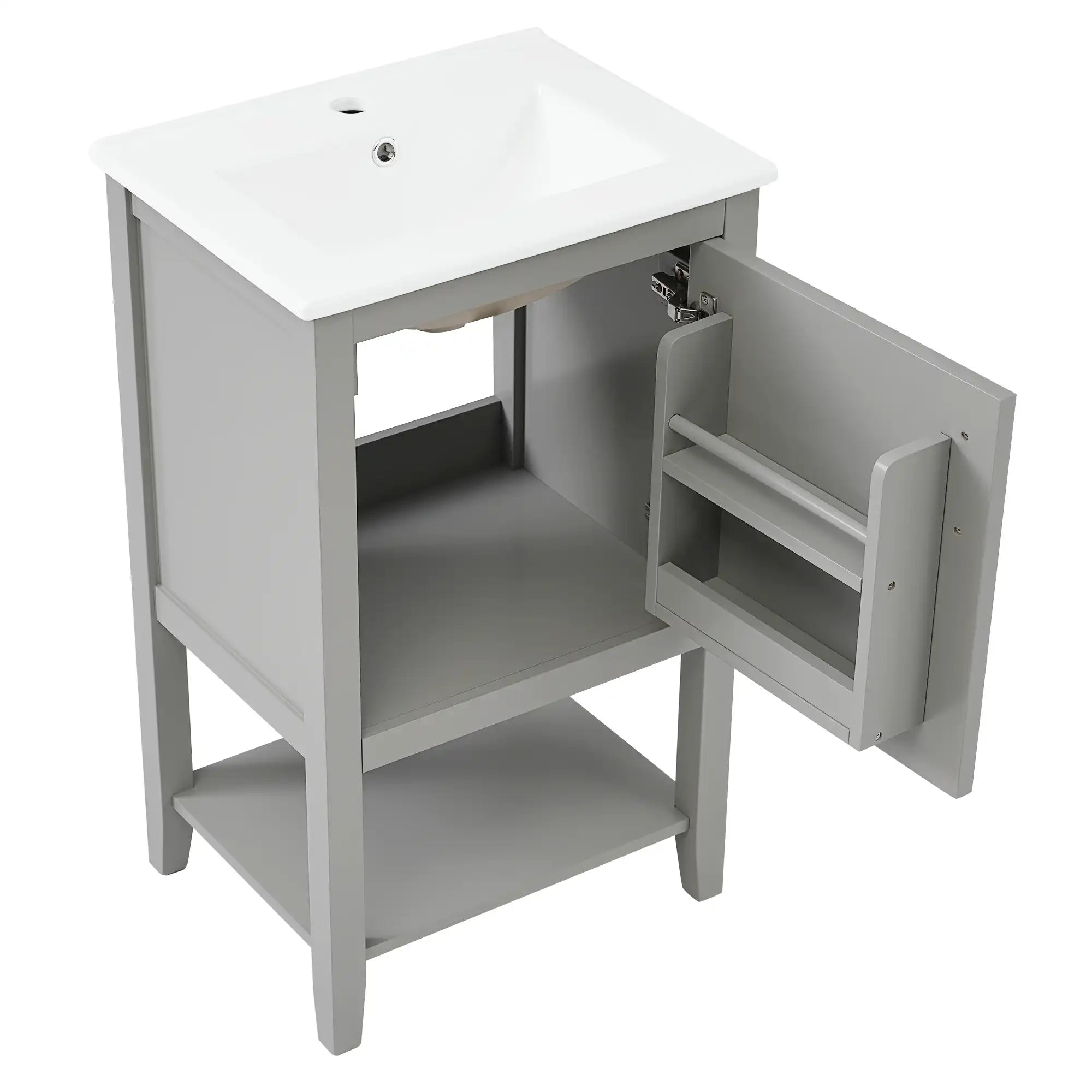 20" grey vanity bathroom unit angled open cabinet view | Ace Decor