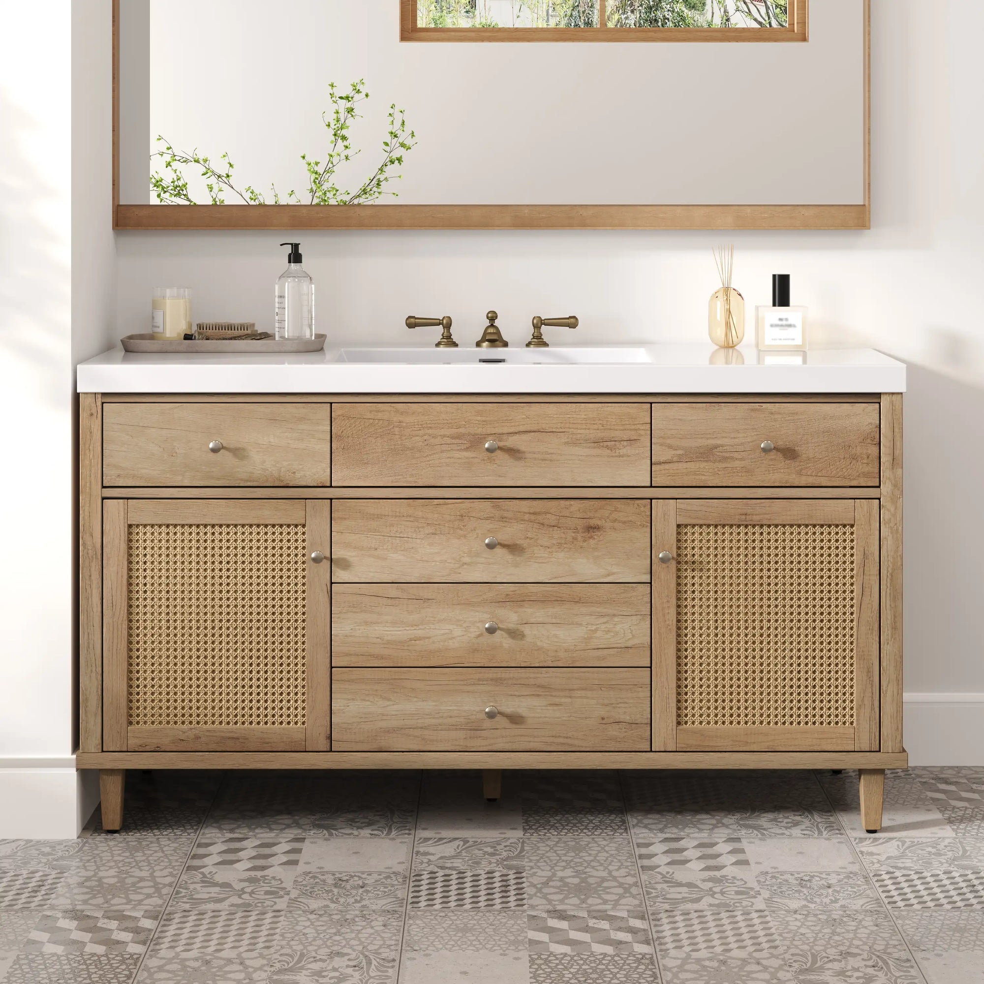 Soleil 60&quot; Bathroom Vanity with Sink, Natural Wood Cabinet with Drawers
