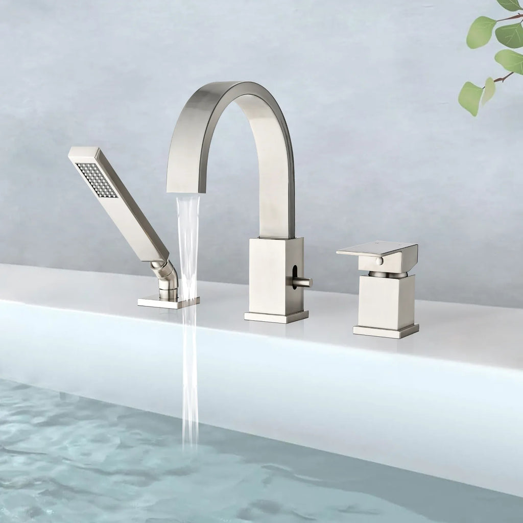 FLUNIX Brushed Nickel Waterfall Roman Tub Faucet Set filling bathtub with running water.