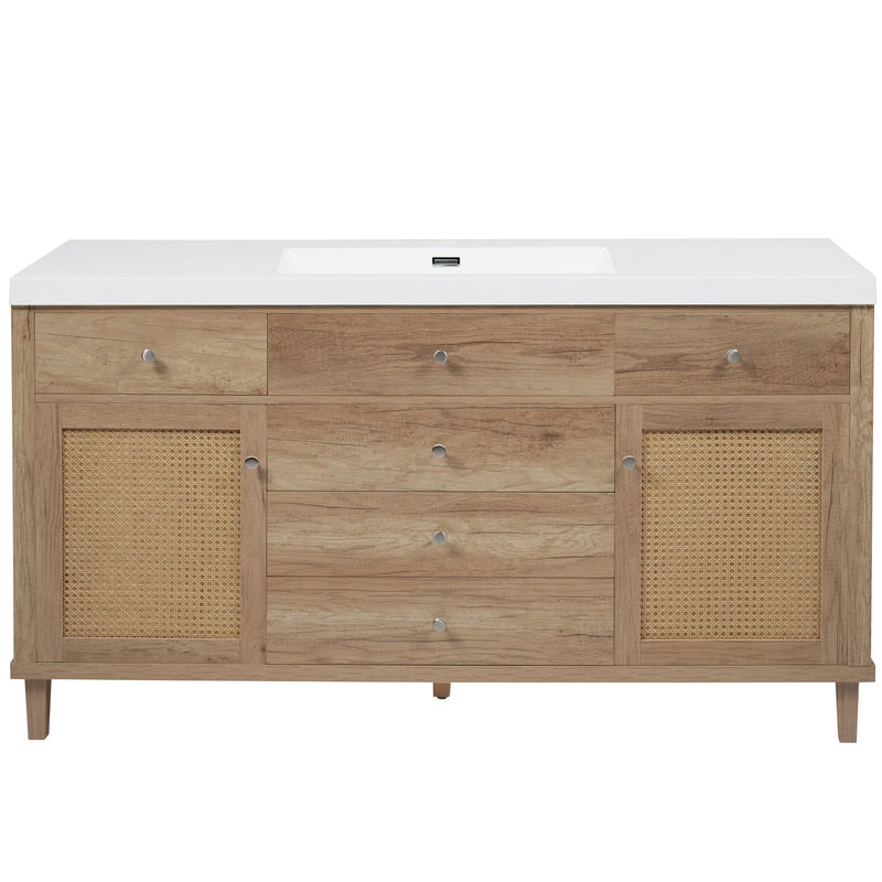 Soleil 60" Bathroom Vanity with Sink, Natural Wood Cabinet with Drawers