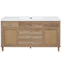 A stylish Modern Wood Bathroom Vanity with a white countertop, woven rattan cabinet doors, and multiple storage drawers. |ACE DECOR