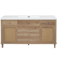 A stylish Modern Wood Bathroom Vanity with a white countertop, woven rattan cabinet doors, and multiple storage drawers. |ACE DECOR