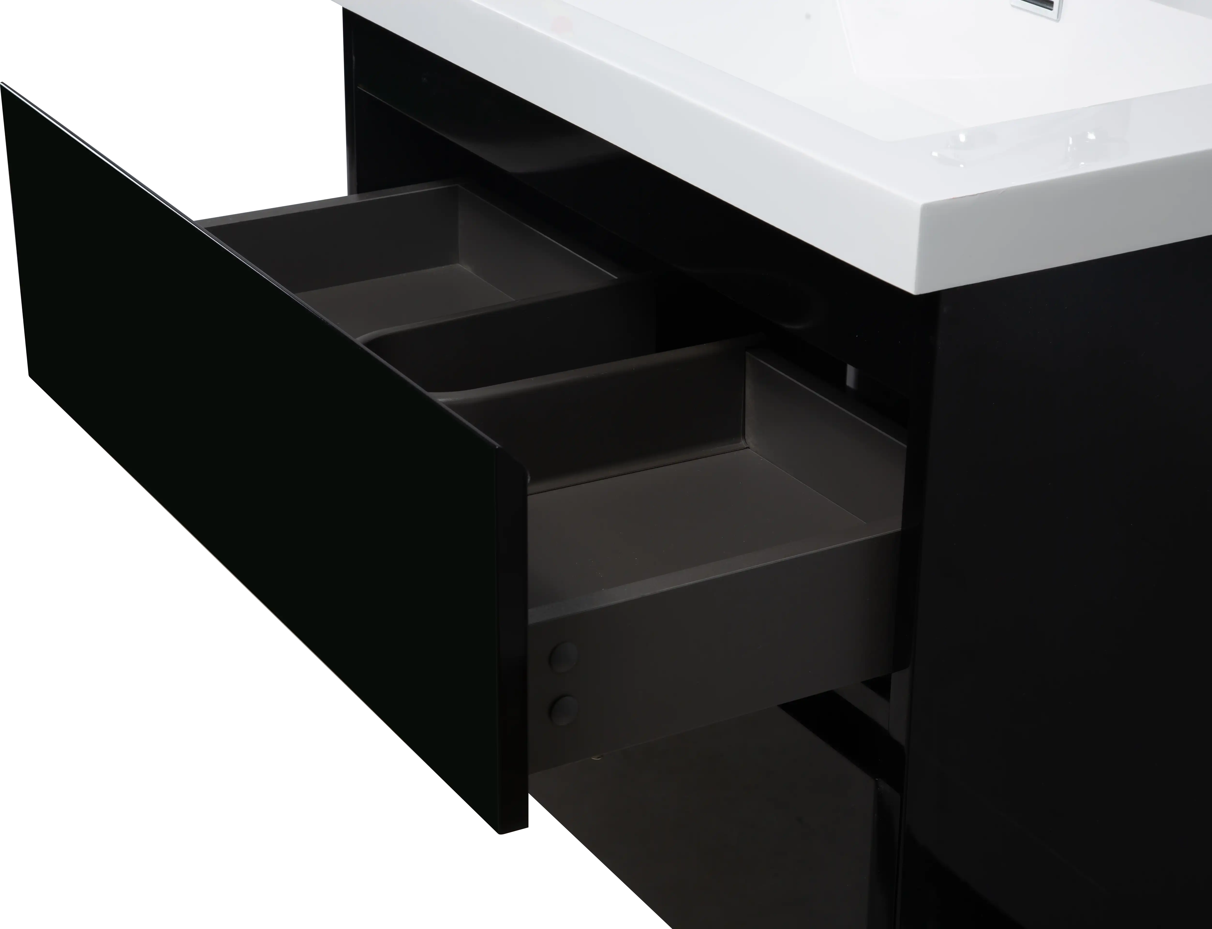 23-42 Inch Glossy Black Bathroom Floating Vanity with Resin Sink and 2 Soft-Close Drawers