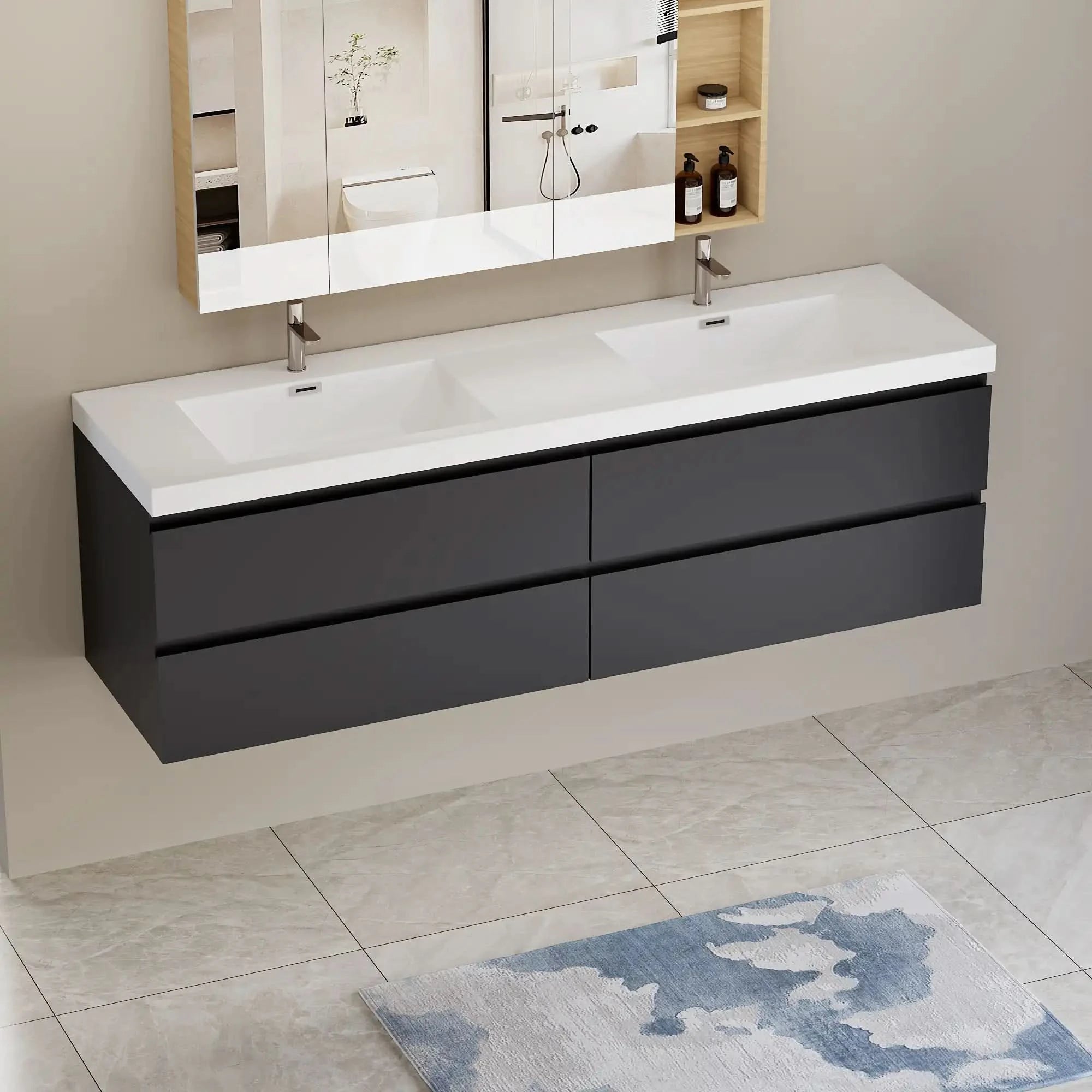 Sleek Floating Bathroom Vanity with Dual Resin Basins &amp; Soft Close Drawers color: Black