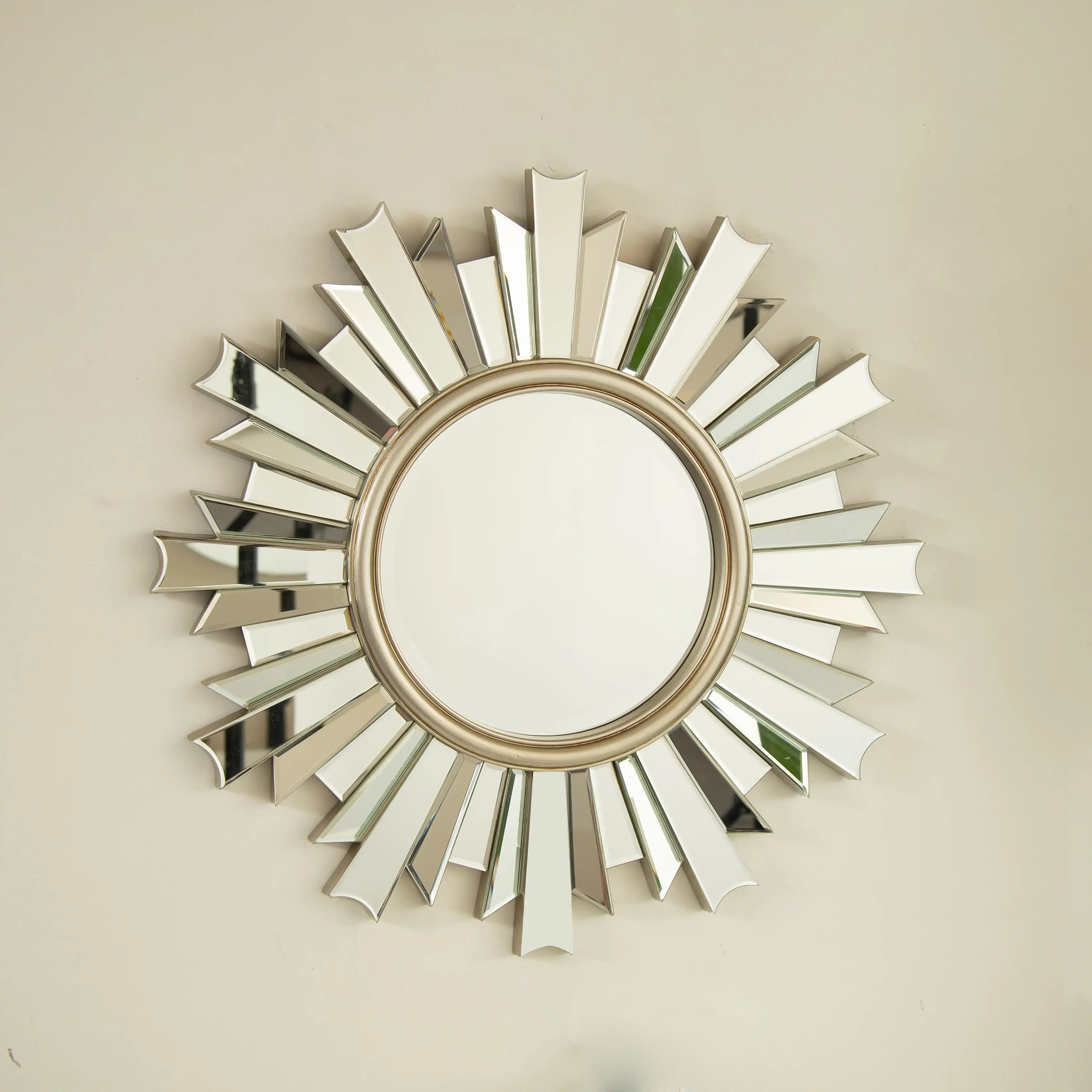 26 inch sunburst bathroom wall mirror with reflective glass rays and round center | Ace Decor