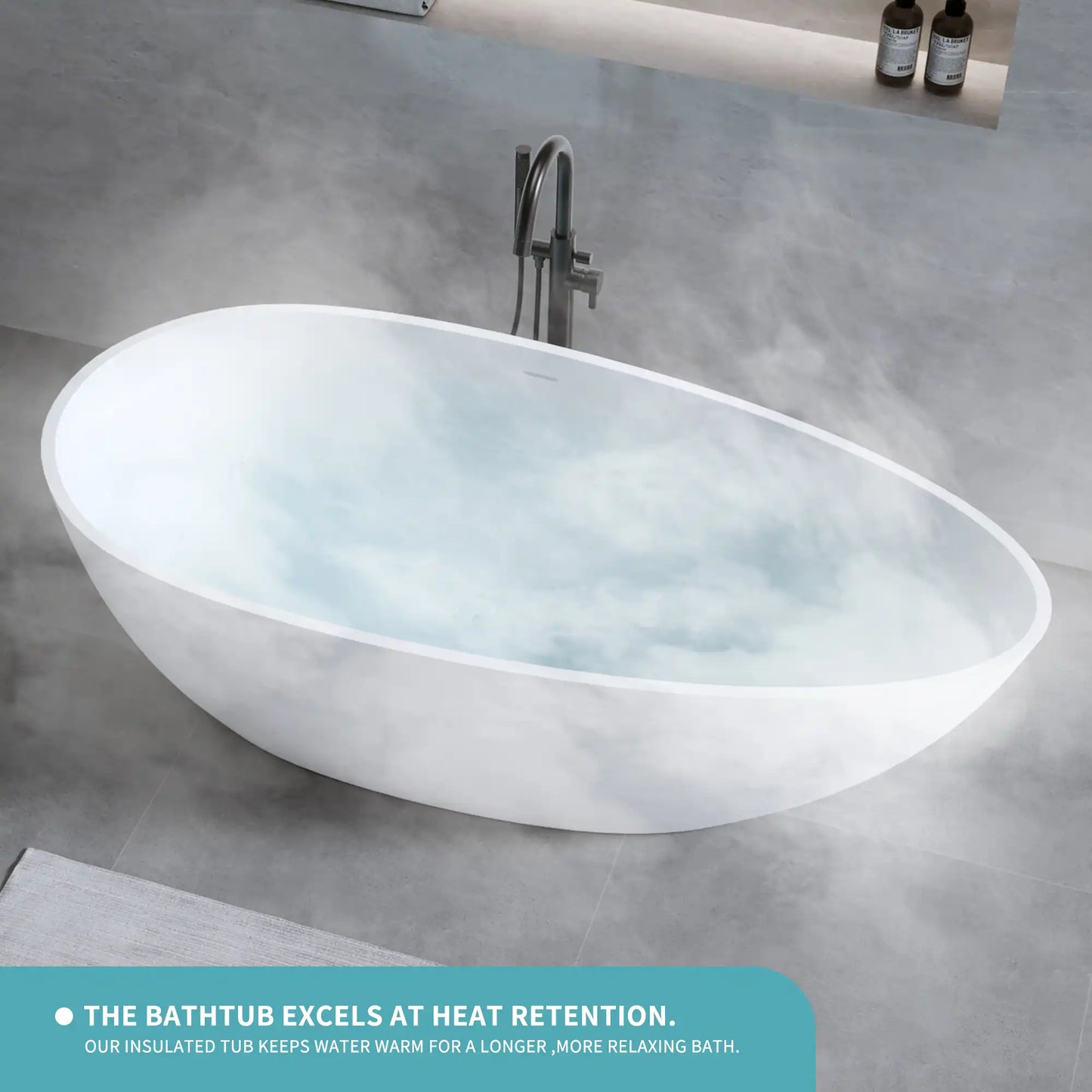 59" Matte White Egg-Shaped Resin Stone Freestanding Tub with Overflow & Pop-Up Drain – Stylish Solid Surface for Modern Bathrooms color: Matte White