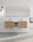 Monterey Series 60" Double Floating Bathroom Vanity in Imitative Oak with Side Cabinet and Integrated Sink