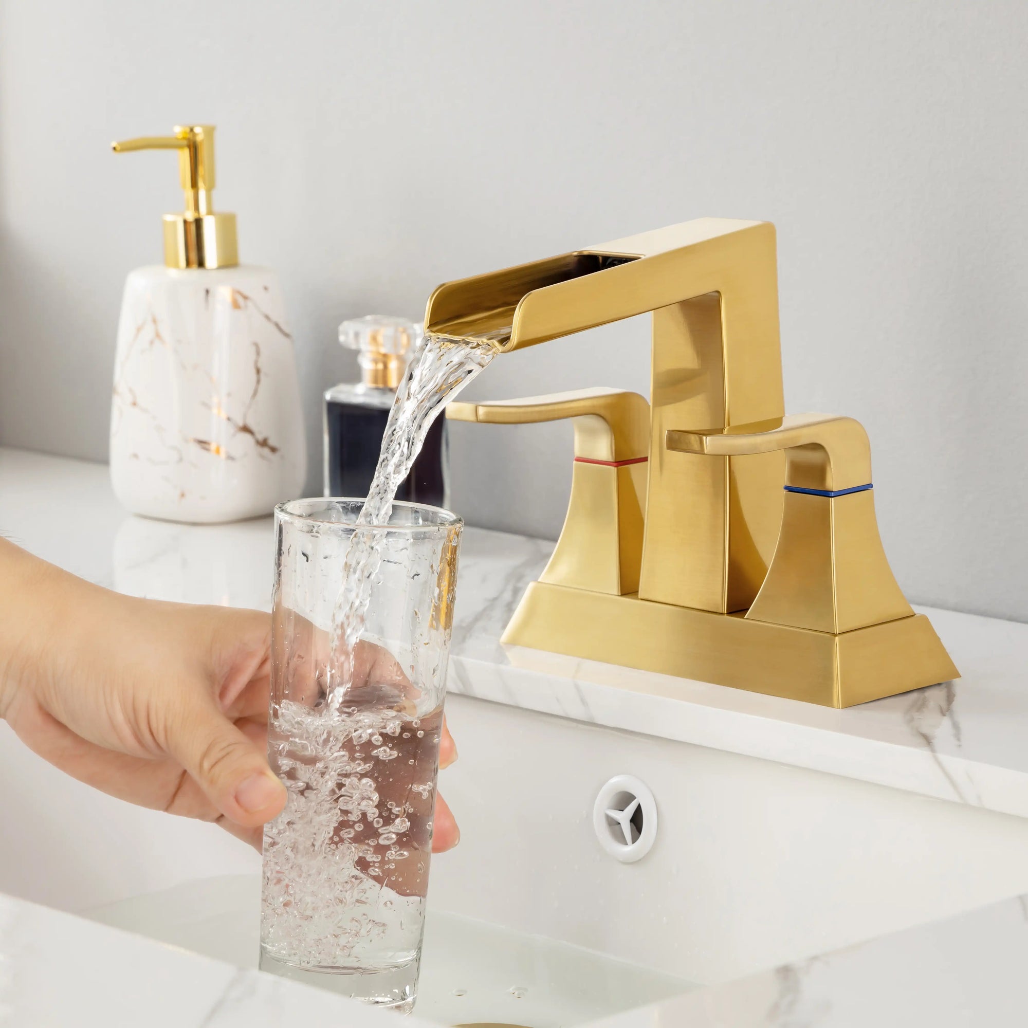 Aurora Series Widespread Bathroom Sink Faucet in Brushed Gold