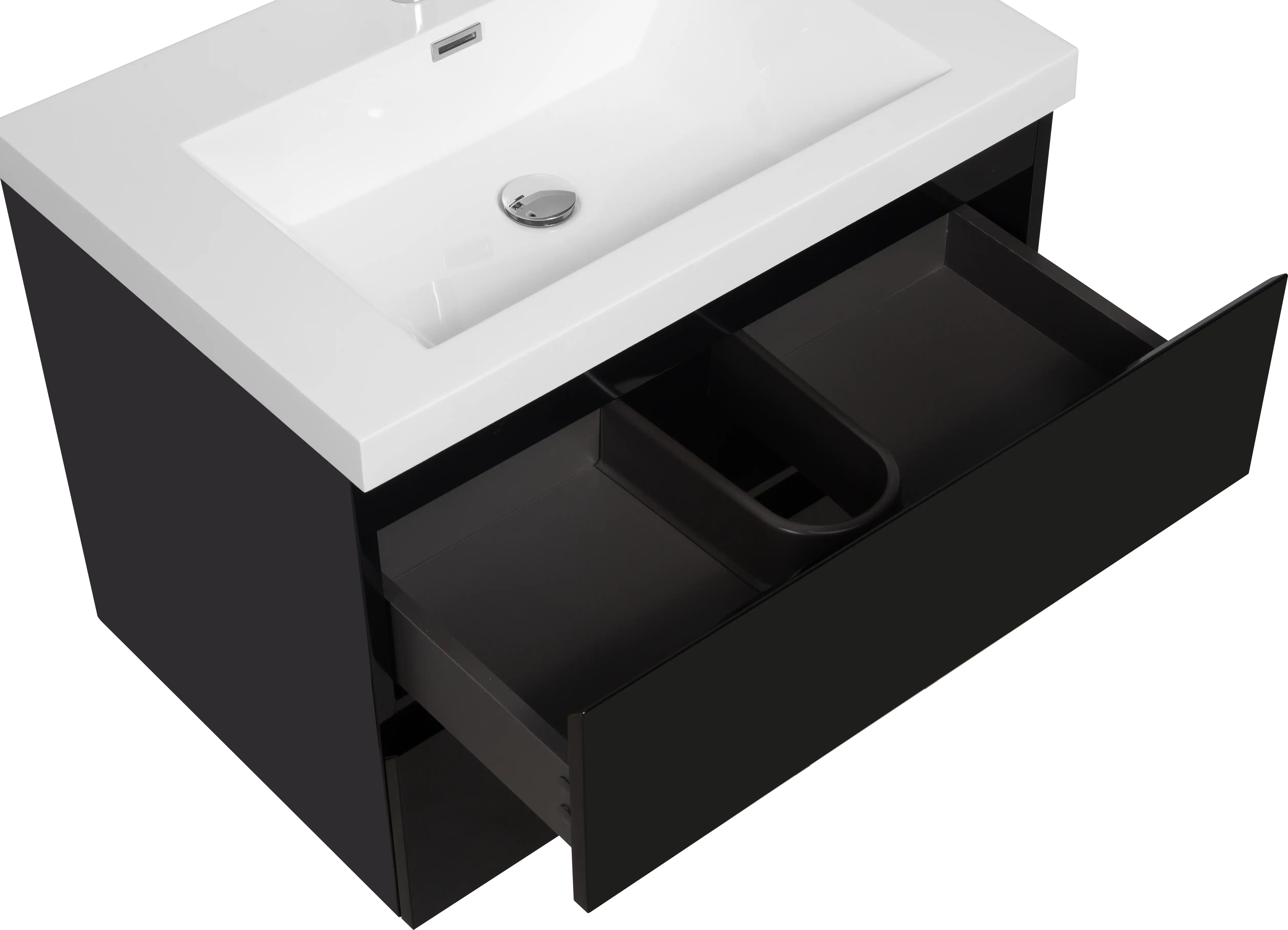 23-42 Inch Glossy Black Bathroom Floating Vanity with Resin Sink and 2 Soft-Close Drawers