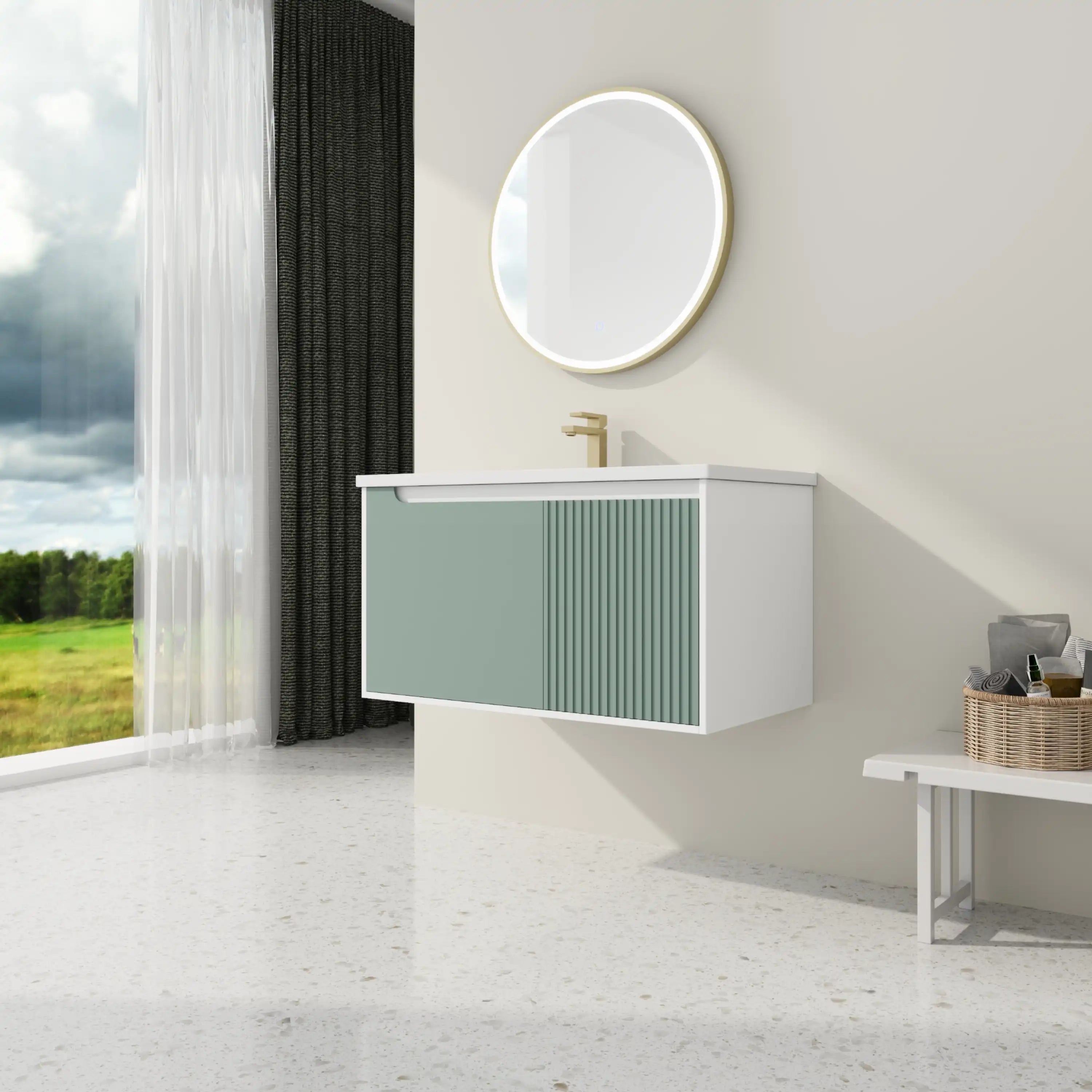 Styled room view of the 36 inch mint green  bathroom vanity with sink and round mirror.