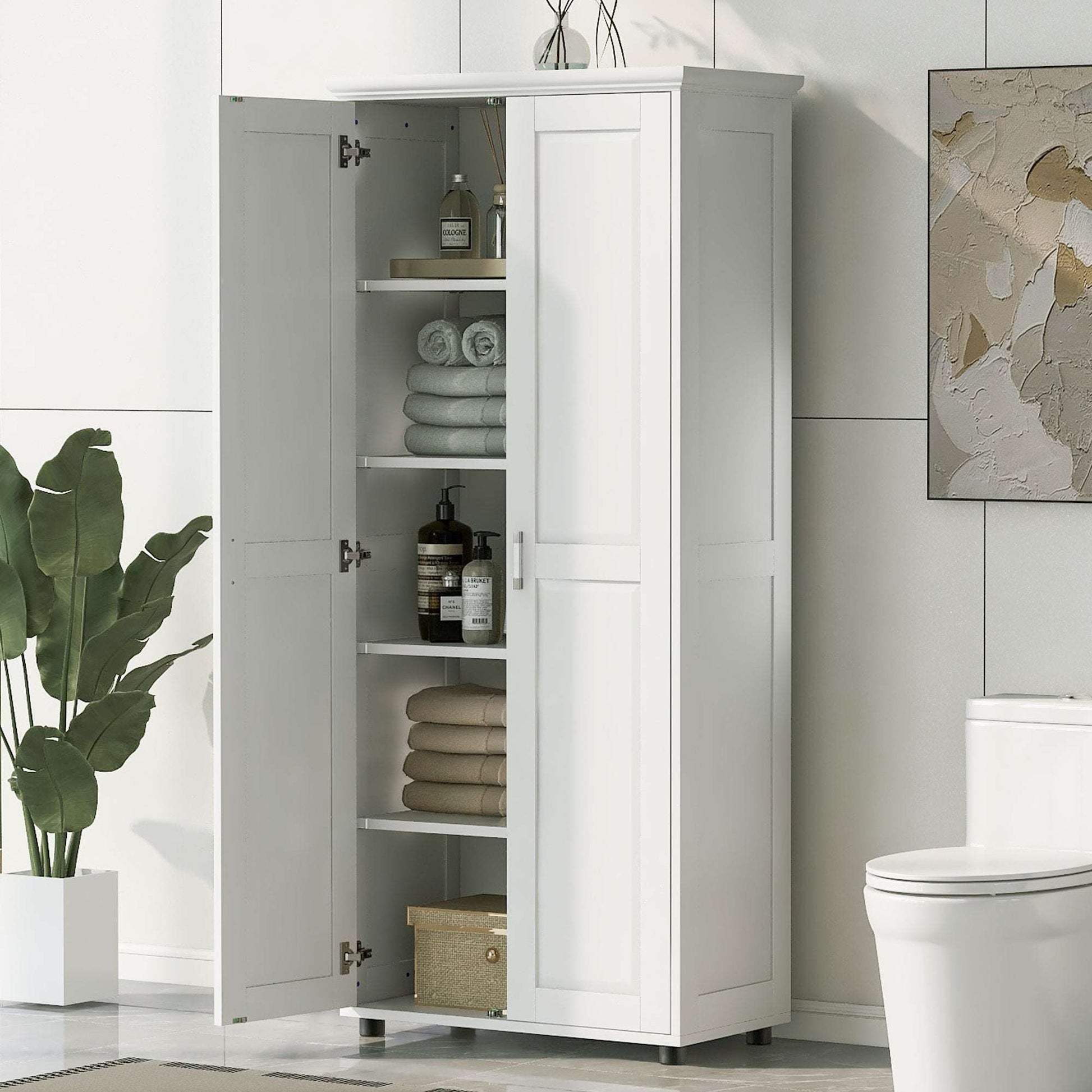 bathroom white cabinet with two doors for adjustable shel
