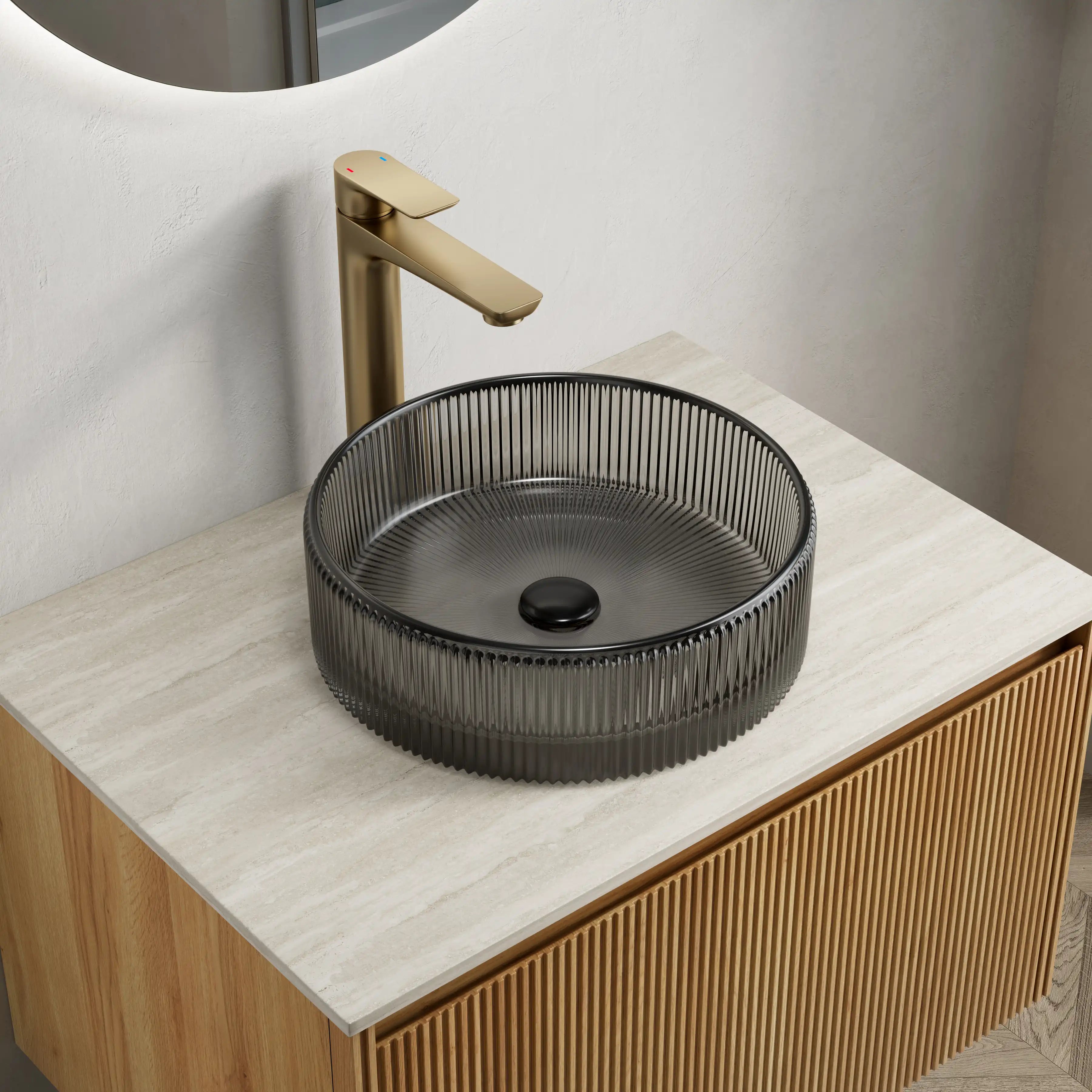 14 inch black bathroom sink in ribbed glass design displayed on a modern bathroom vanity | Ace Decor