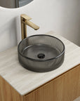 14 inch black bathroom sink in ribbed glass design displayed on a modern bathroom vanity | Ace Decor