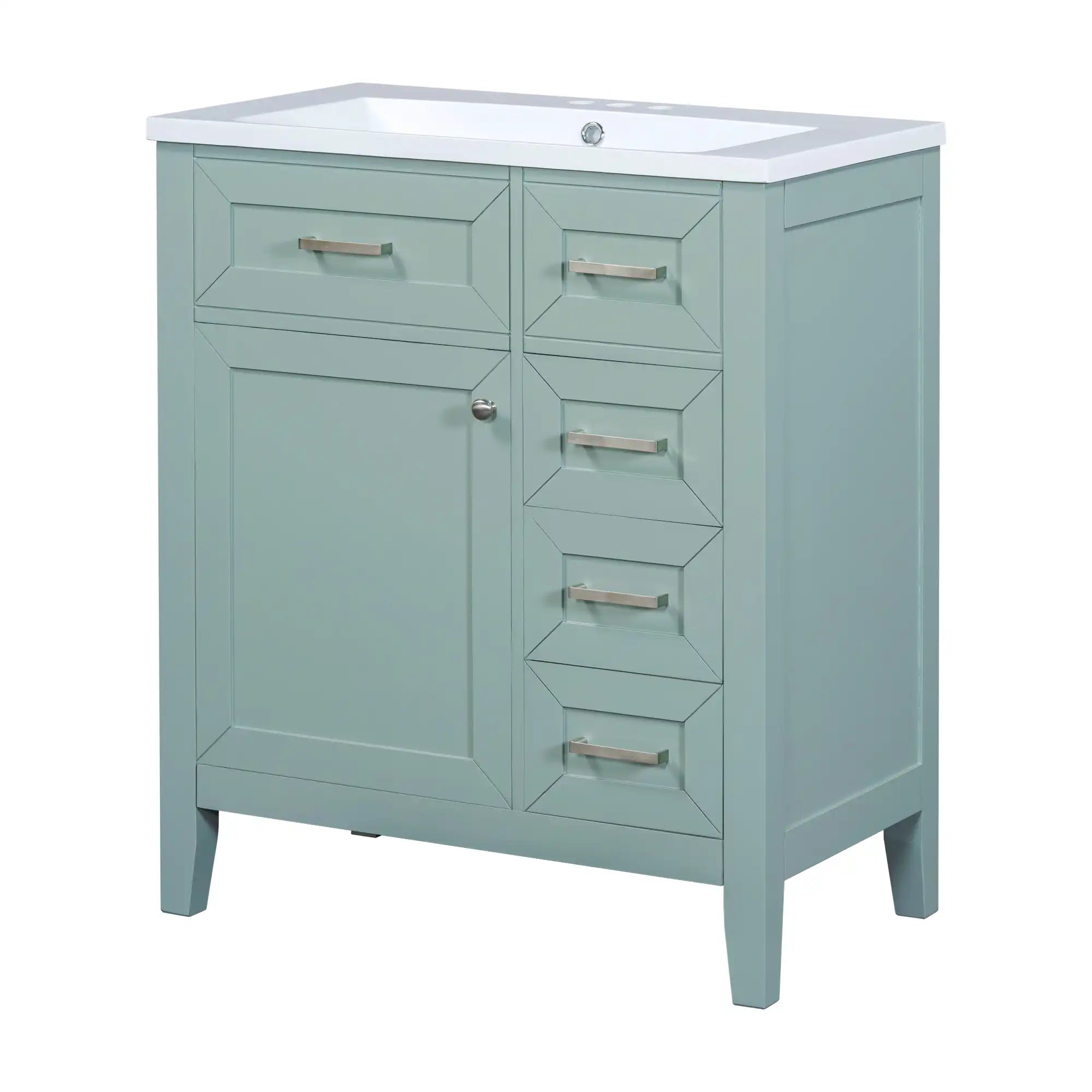 Elmsford Series 30 inch green bathroom vanity with white ceramic sink front angle view.