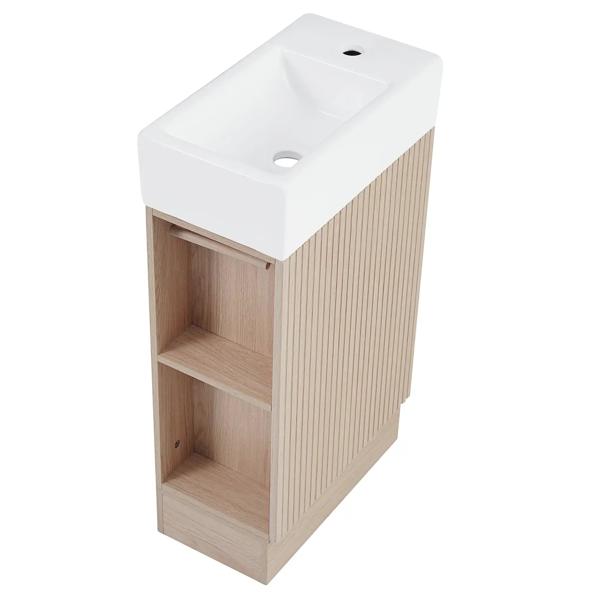 18.6" oak finish bathroom vanity with integrated sink, top view | Ace Decor