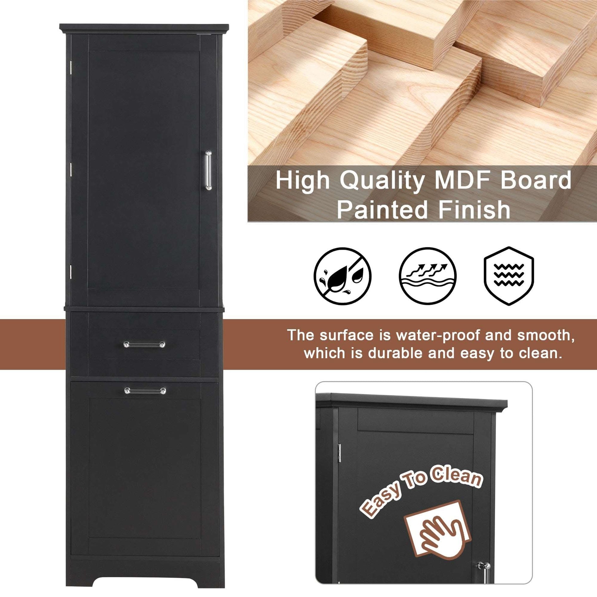 freestanding tall bathroom storage cabinet with two drawers color:black