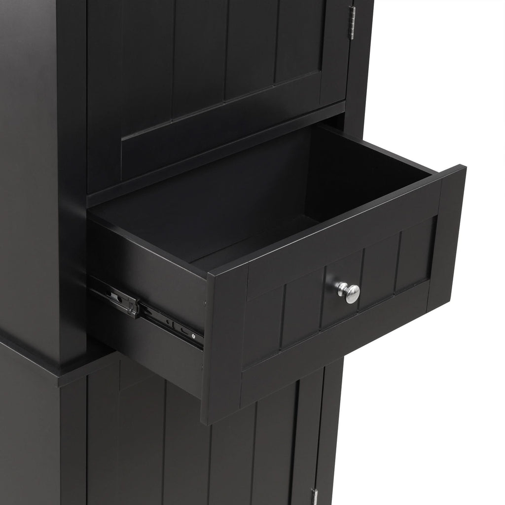 Drawer detail of Norrin 67.3 inch black tall narrow bathroom storage cabinet for bathroom essentials.