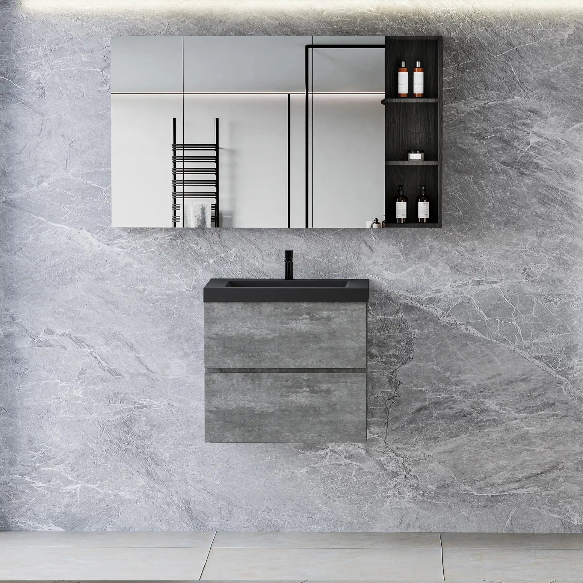 Floating Bathroom Vanity with Quartz Sand Basin and Soft Close Drawers color: Grey