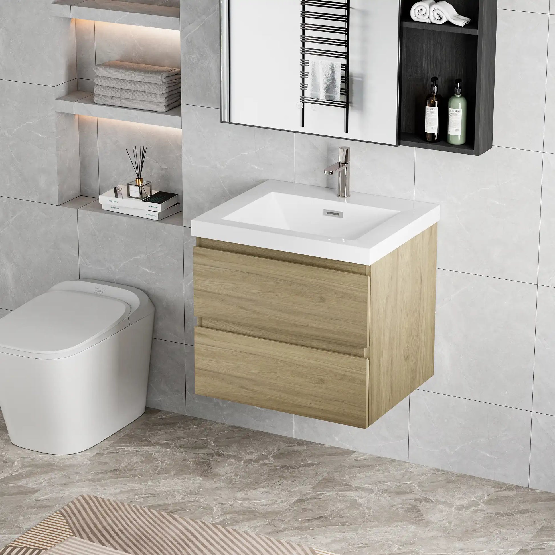 Floating Bathroom Vanity with Resin Top Basin & Soft Close Drawers - Modern Wall-Mounted Storage Cabinet color: Black