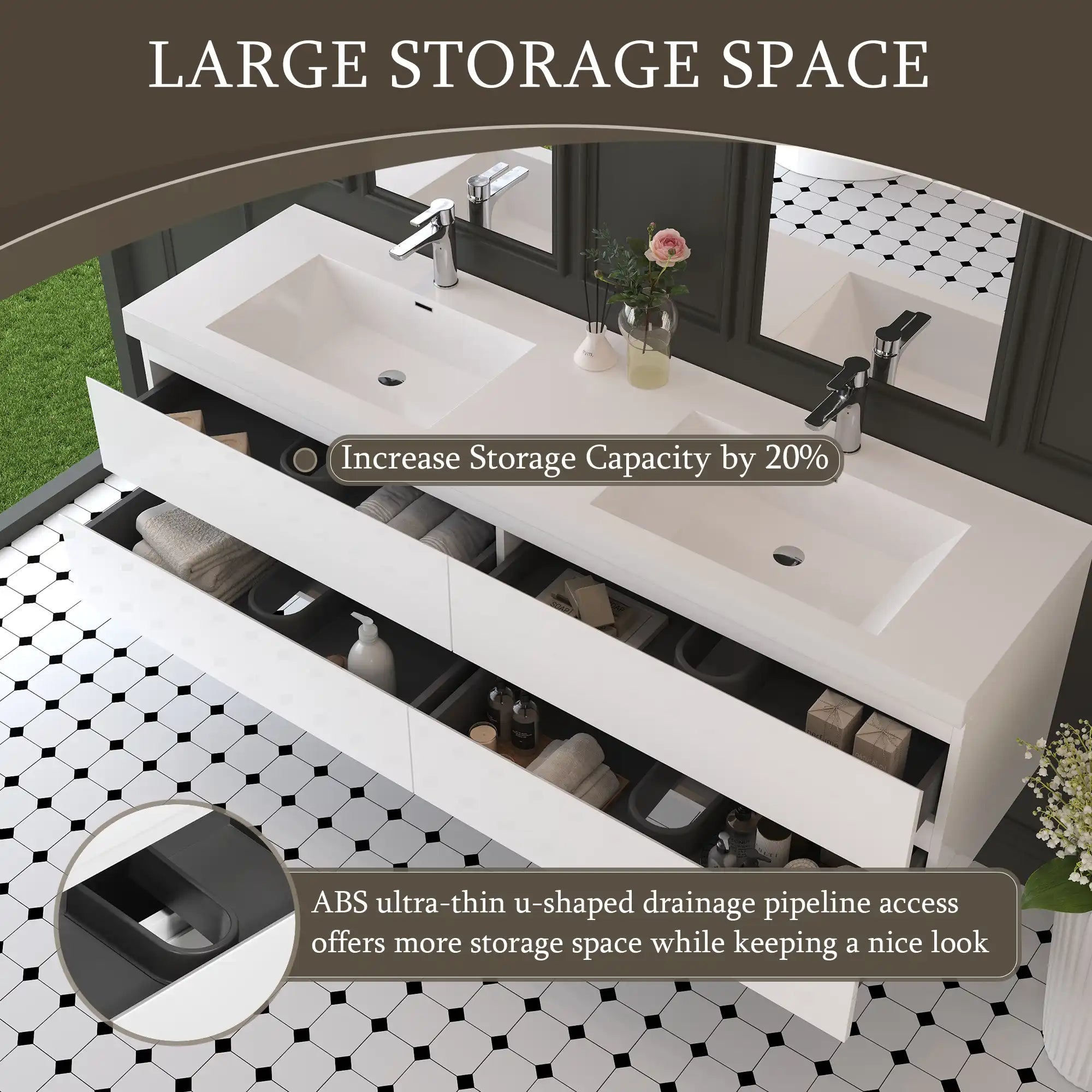 71 inch bathroom vanity with large storage drawers and U-shaped drain design | Ace Decor