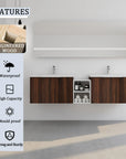 Monterey Series 72" Double Floating Bathroom Vanity in California Walnut with Side Cabinet and Integrated Sink