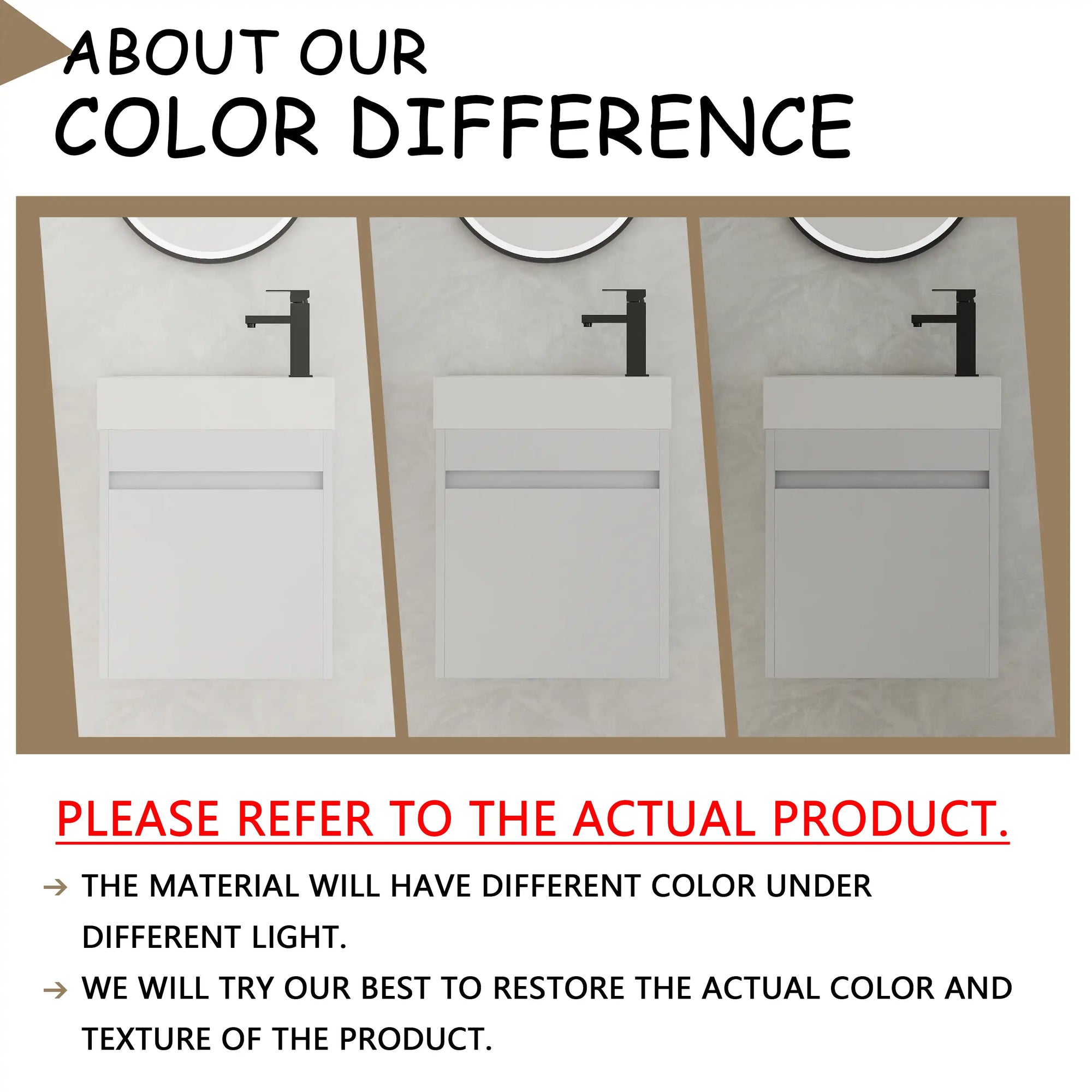 18" white bathroom sink with vanity showing color difference under different lighting conditions | Ace Decor