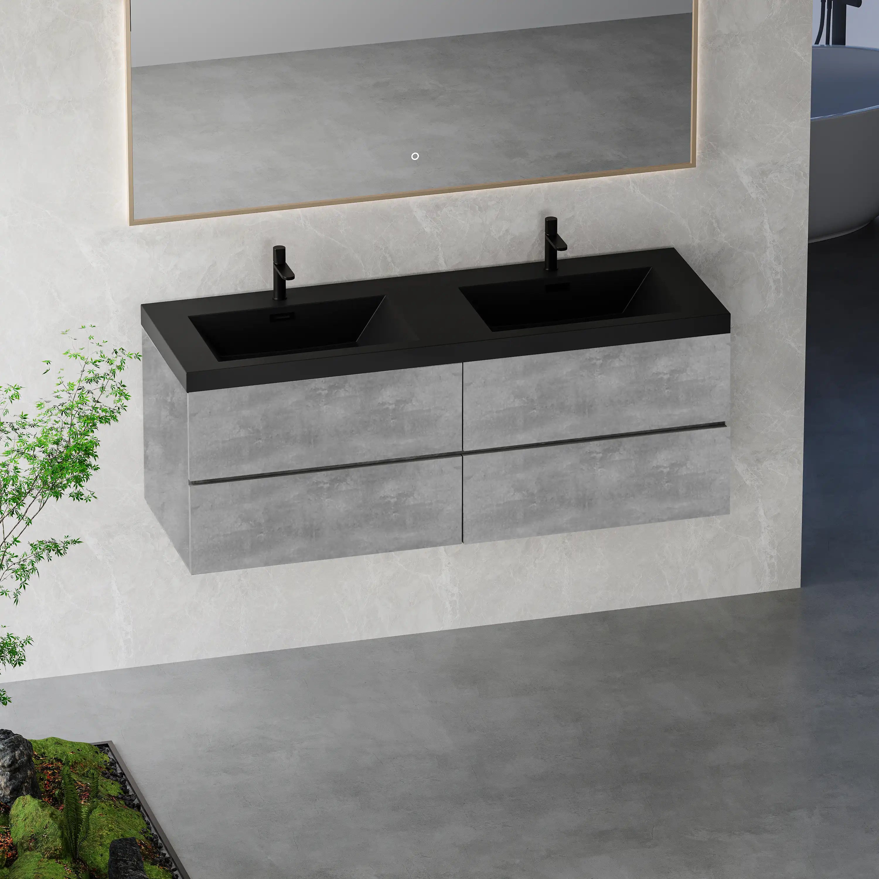Contemporary dark grey bathroom vanity with integrated double sink image