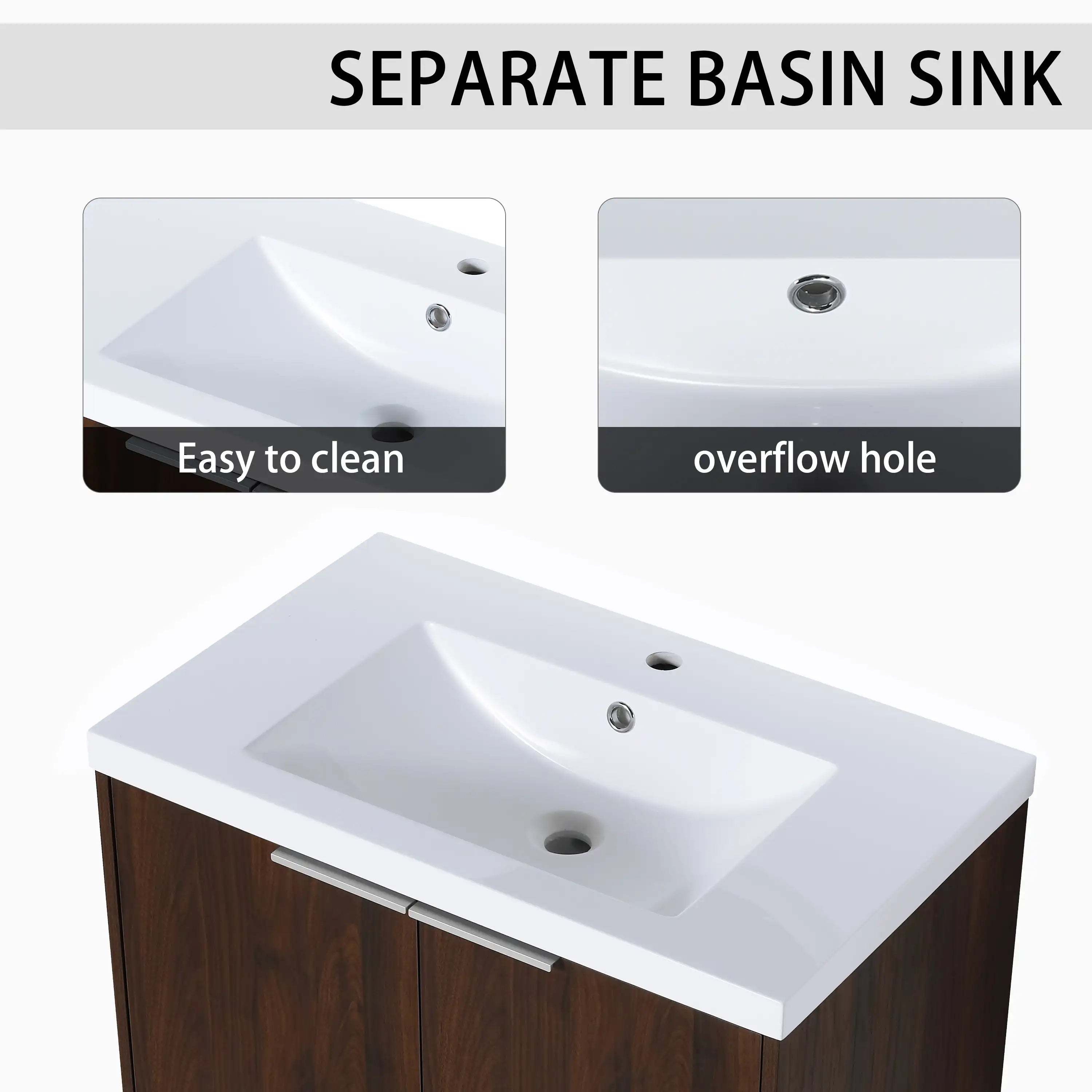 The durable and easy-clean resin sink on Monterey 30 inch bathroom vanity.