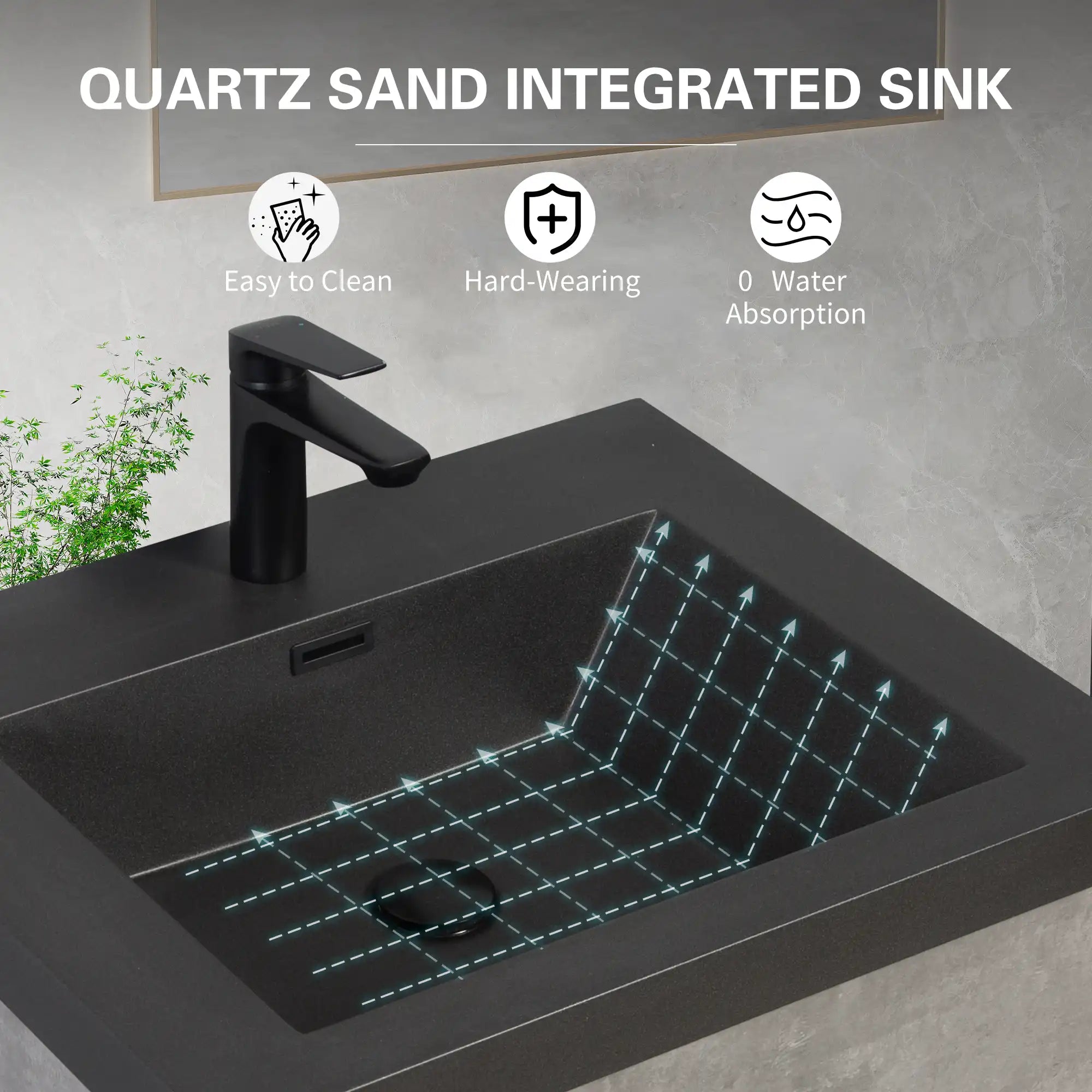 Quartz sand sink of grey floating vanity showing easy-clean and durable features | Ace Decor