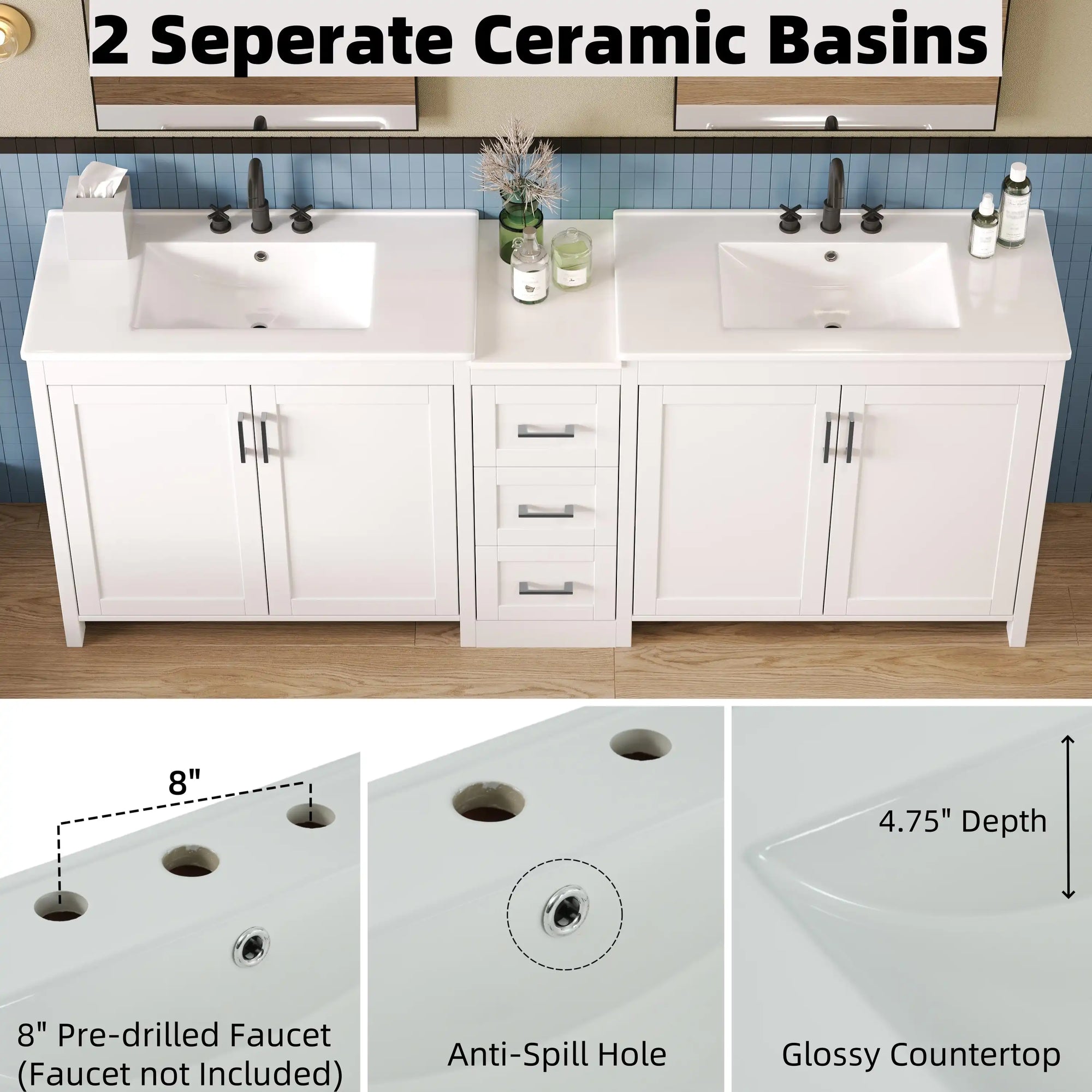 Elysian 84&quot; Freestanding Bathroom Vanity with Double Sinks – White