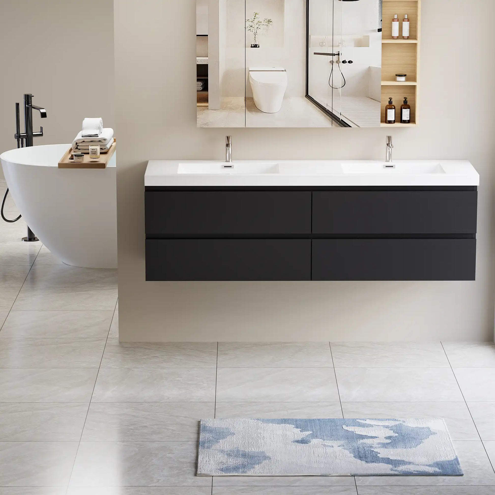 Sleek Floating Bathroom Vanity with Dual Resin Basins & Soft Close Drawers color: Black