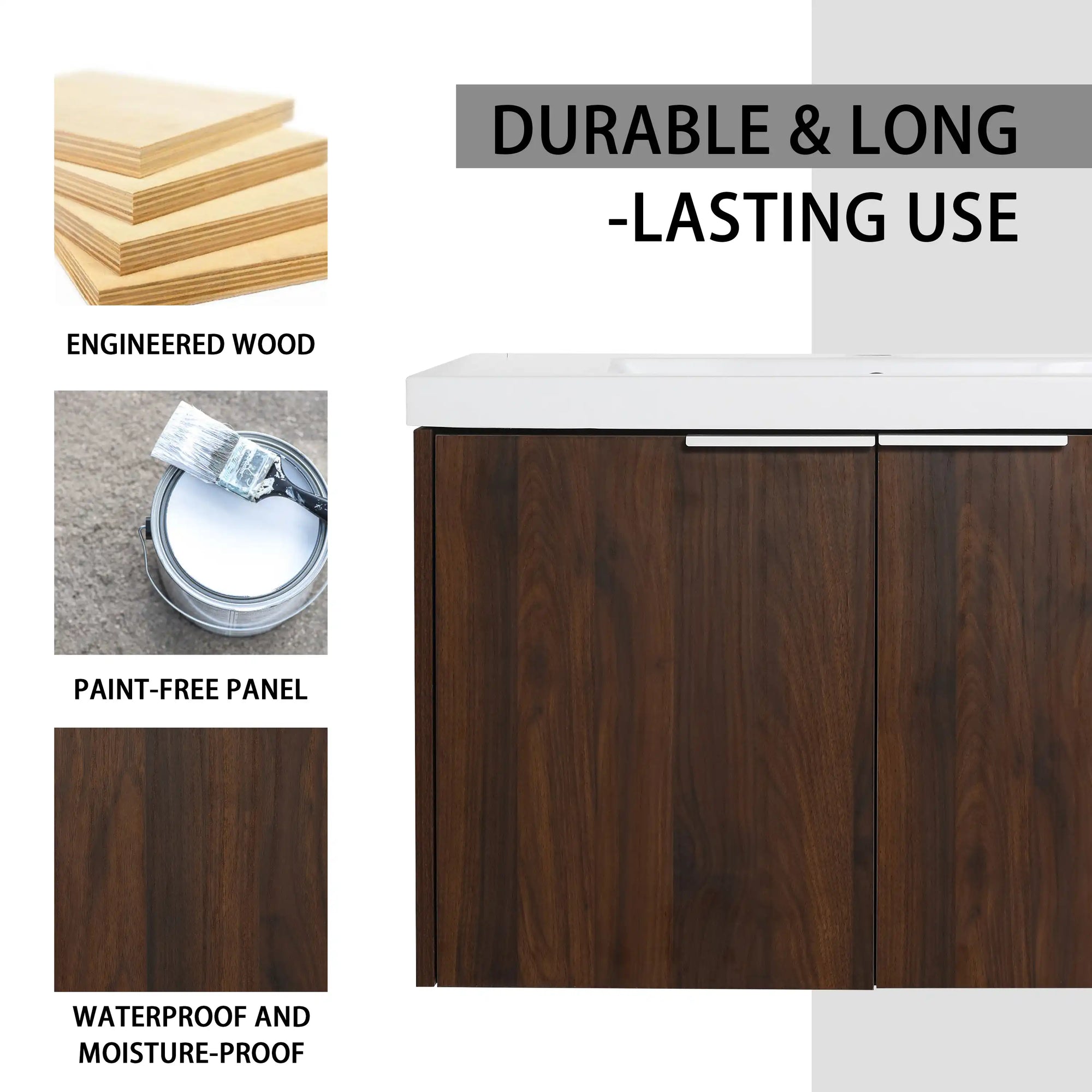 Monterey Series 30" Floating Bathroom Vanity in California Walnut with Integrated Sink and Double-Door Storage Cabinet