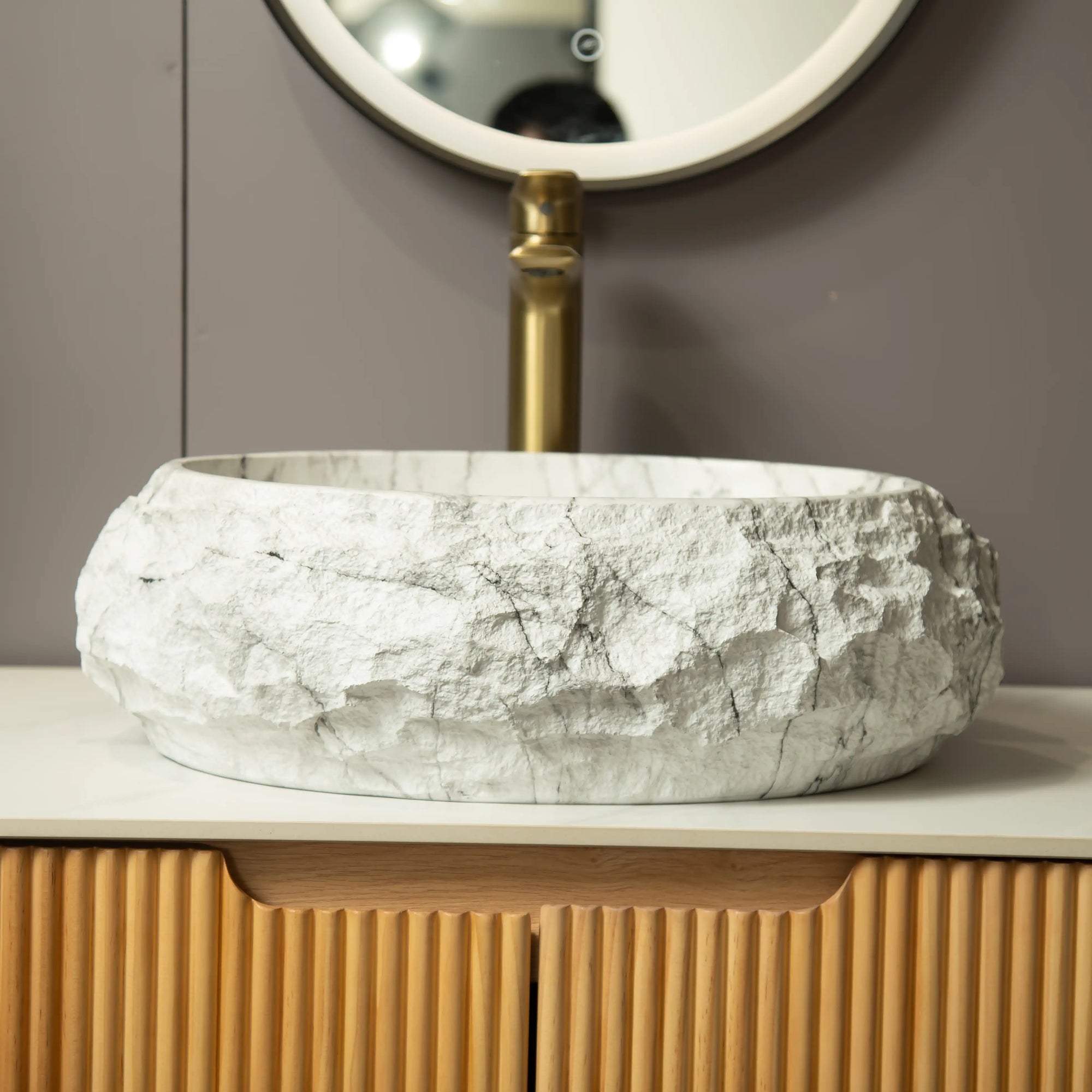 Astra Series 18&quot; Oval Sculpted Resin Stone Vessel Basin - Marble White