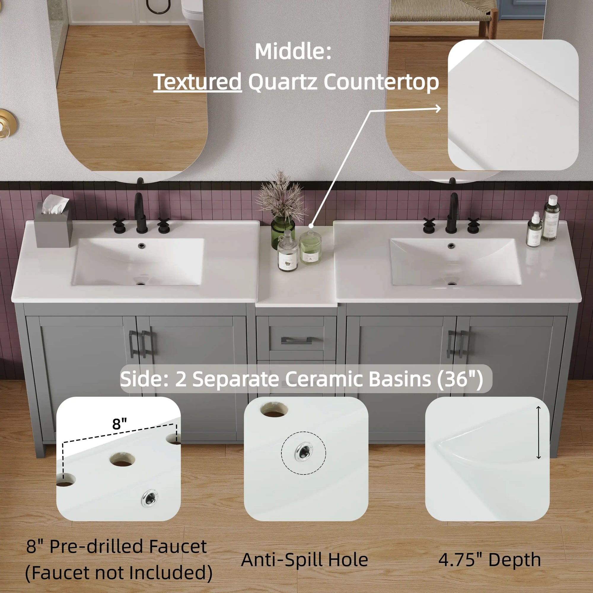 Elysian 84&quot; Freestanding Bathroom Vanity with Double Sinks – Grey