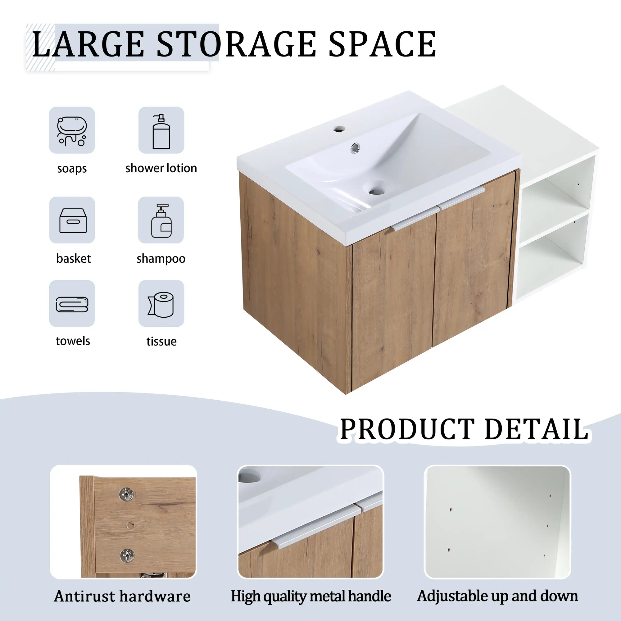 Monterey Series 36" Floating Bathroom Vanity in Imitative Oak with Side Cabinet and Integrated Sink