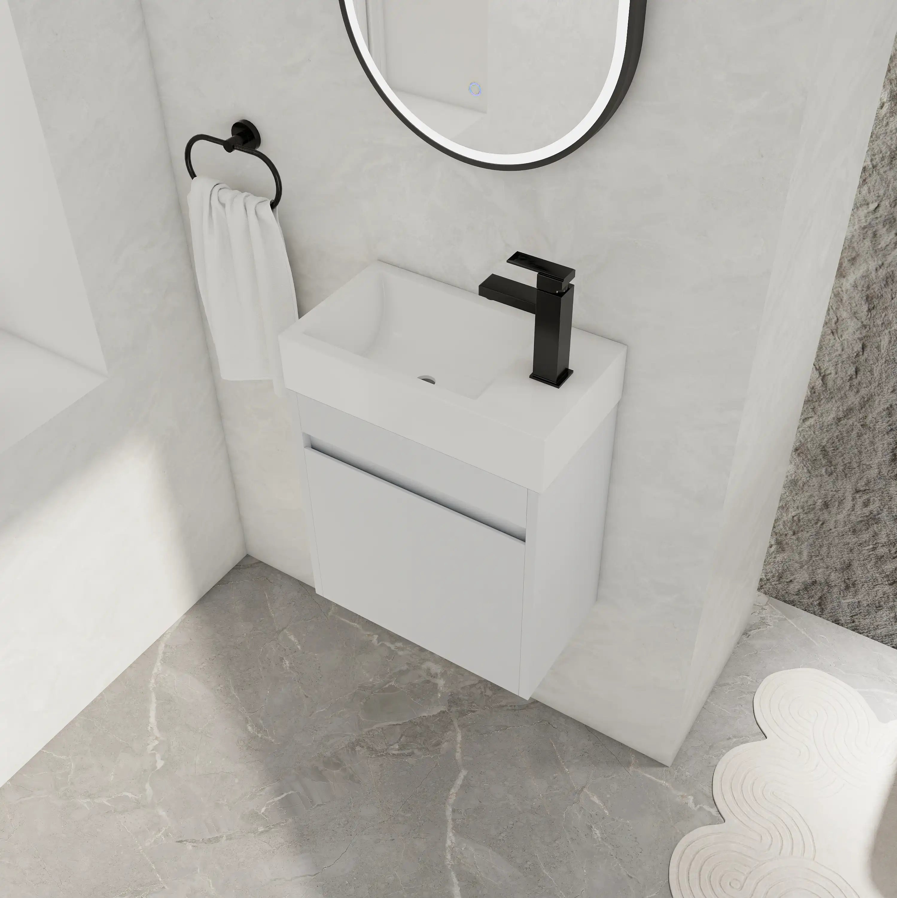 18" white bathroom sink with vanity featuring integrated sink and wall-mounted cabinet.
