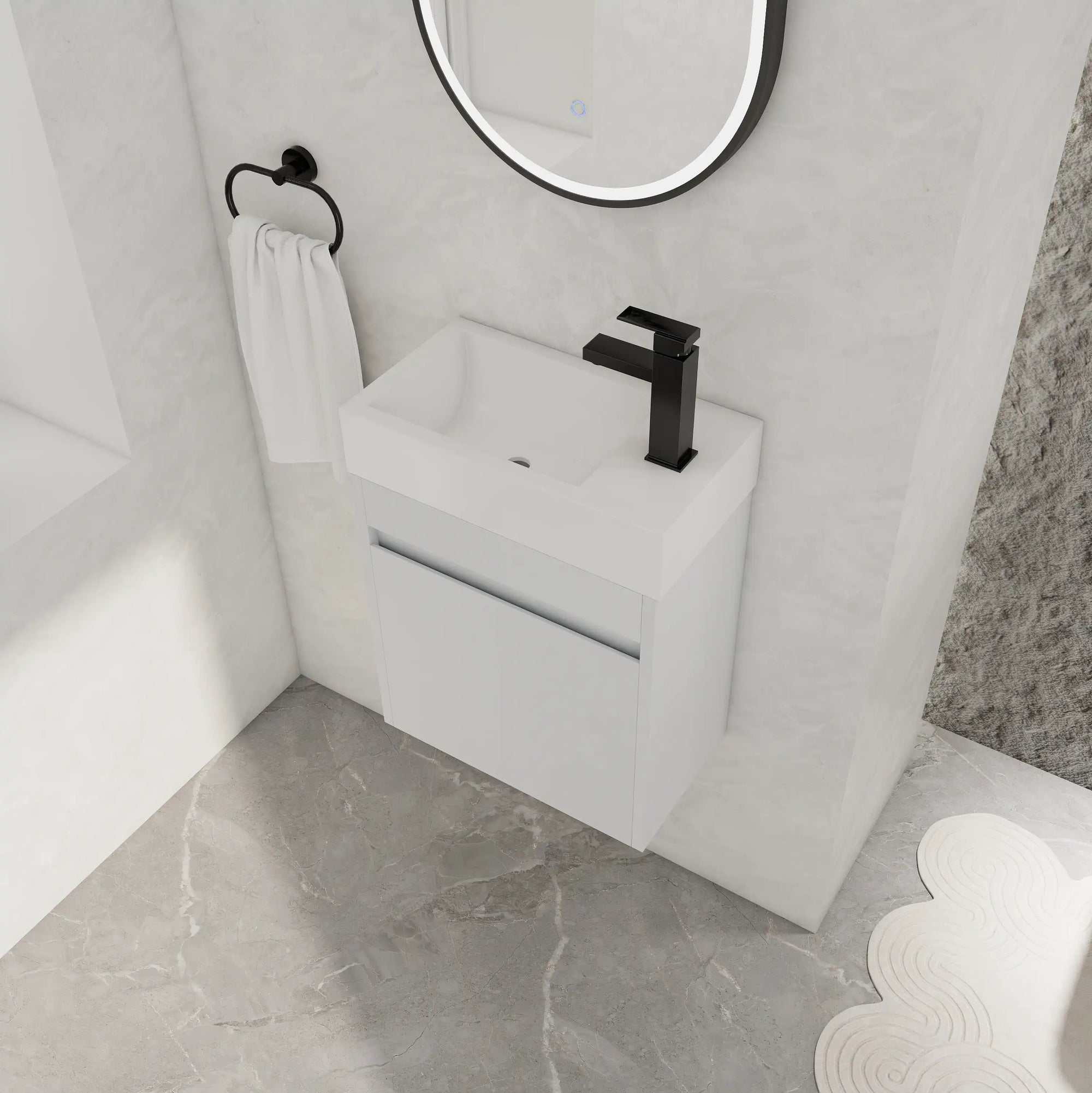 18" white bathroom sink with vanity featuring integrated sink and wall-mounted cabinet | Ace Decor