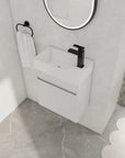 18" white bathroom sink with vanity featuring integrated sink and wall-mounted cabinet | Ace Decor