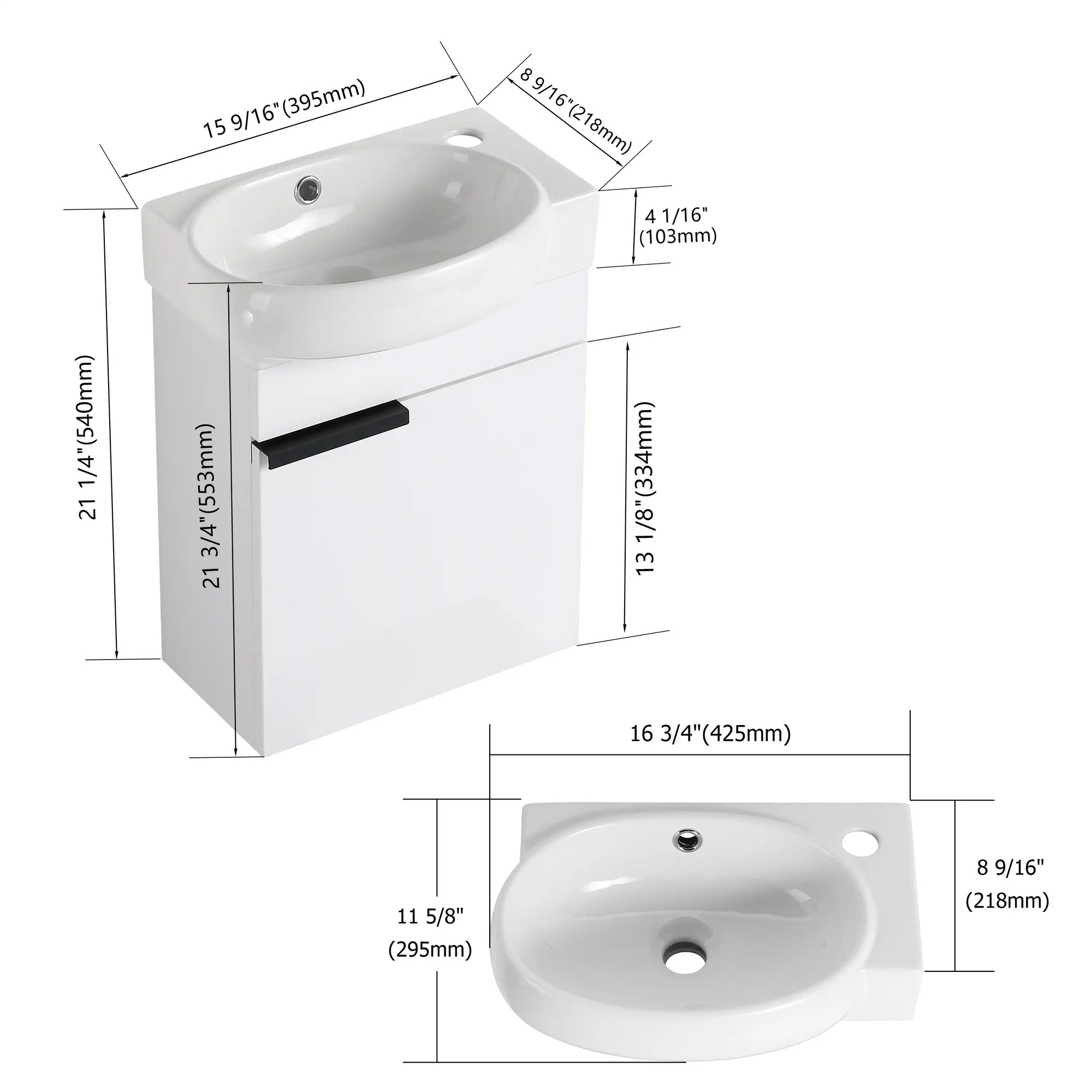 16" white vanity with sink and detailed dimension diagram