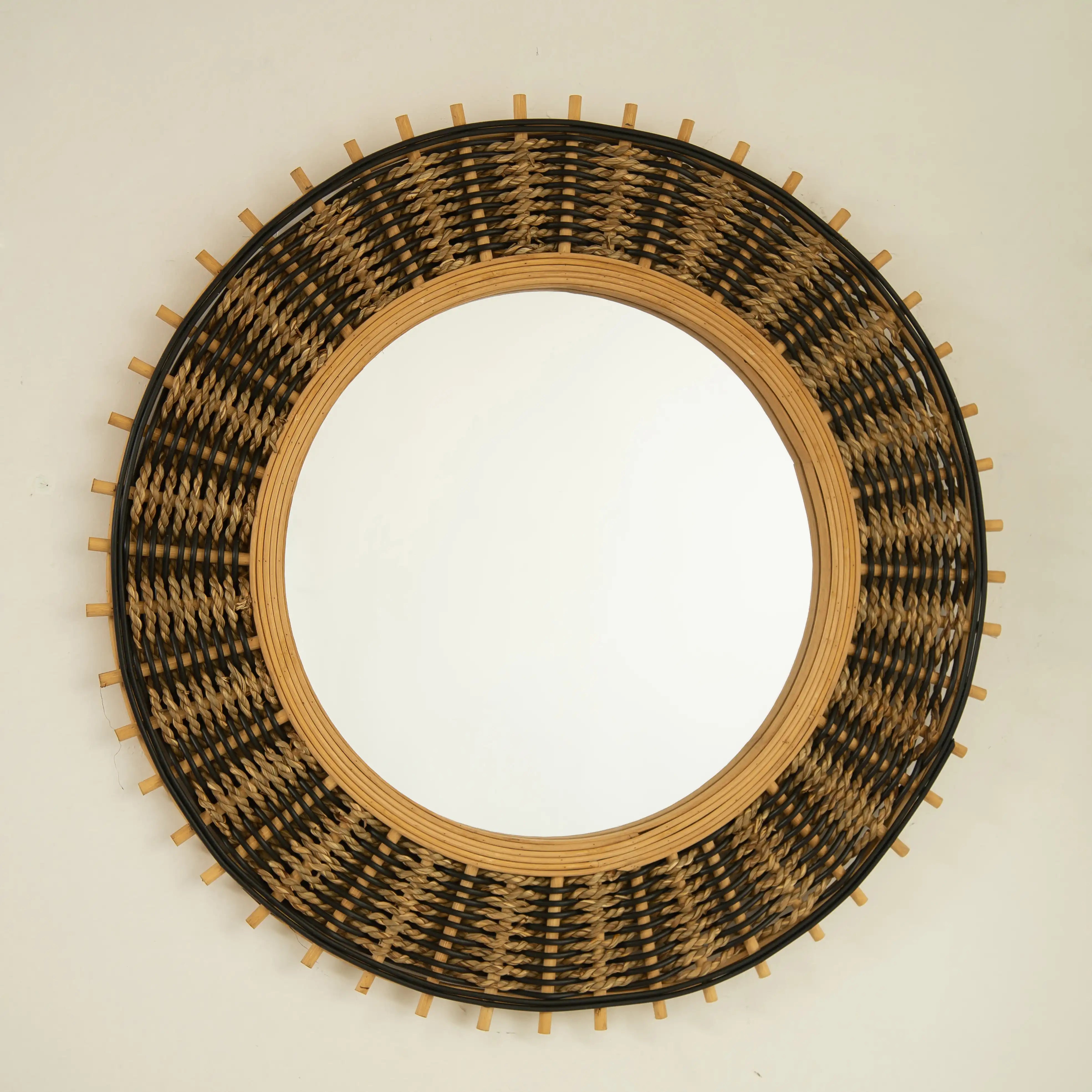 23-inch round bamboo mirror with handwoven natural and black detailing | Ace Decor